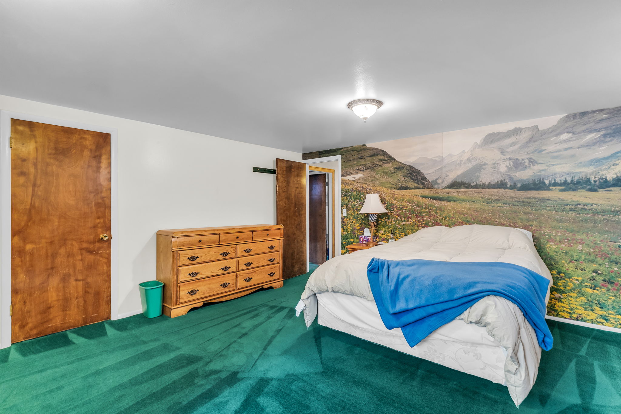 Bedroom featuring a full-wall mural, overhead flush-mount lighting, and solid wood interior doors
