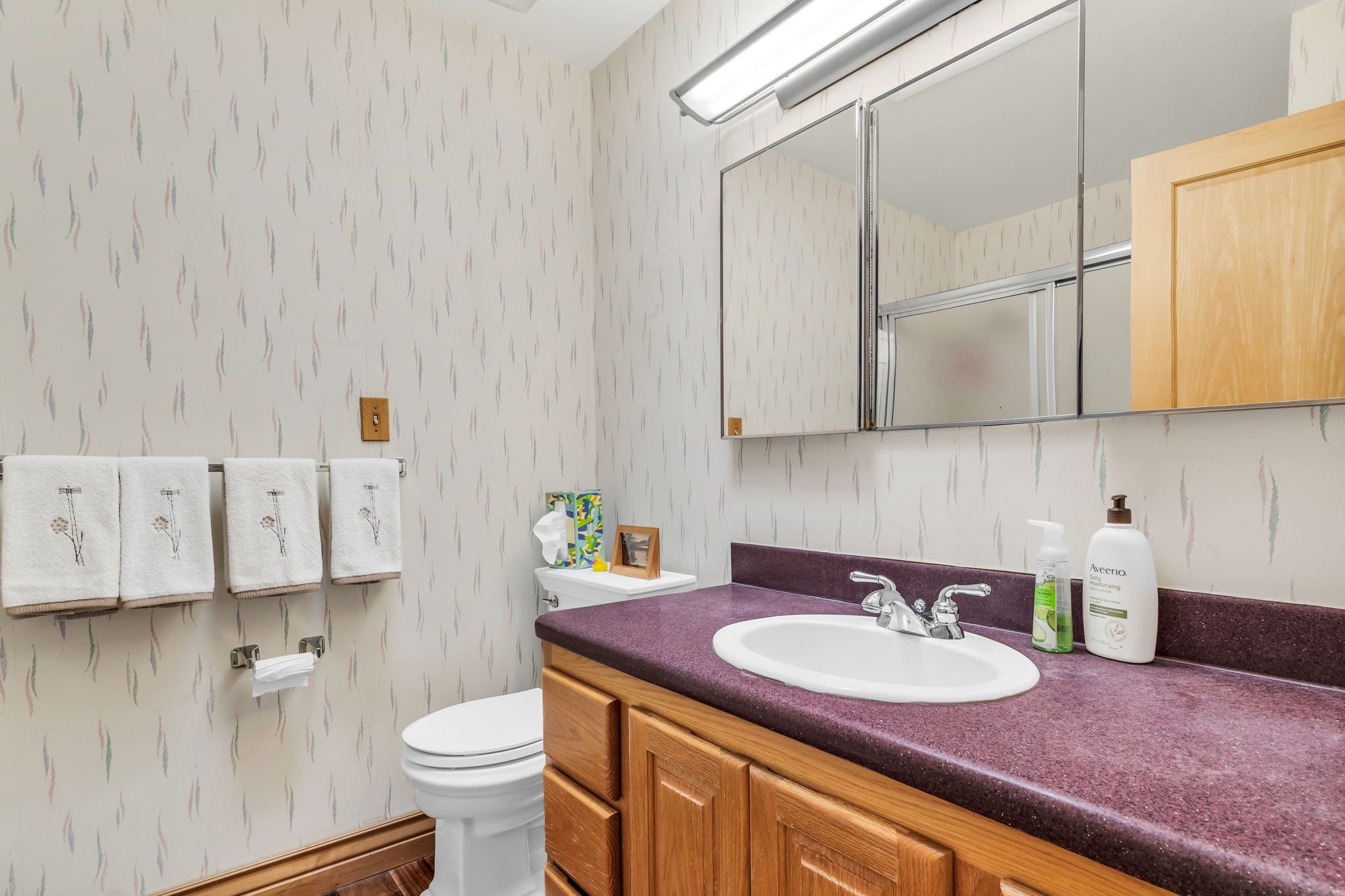 Bathroom featuring a single vanity with a deep purple countertop and a white oval sink