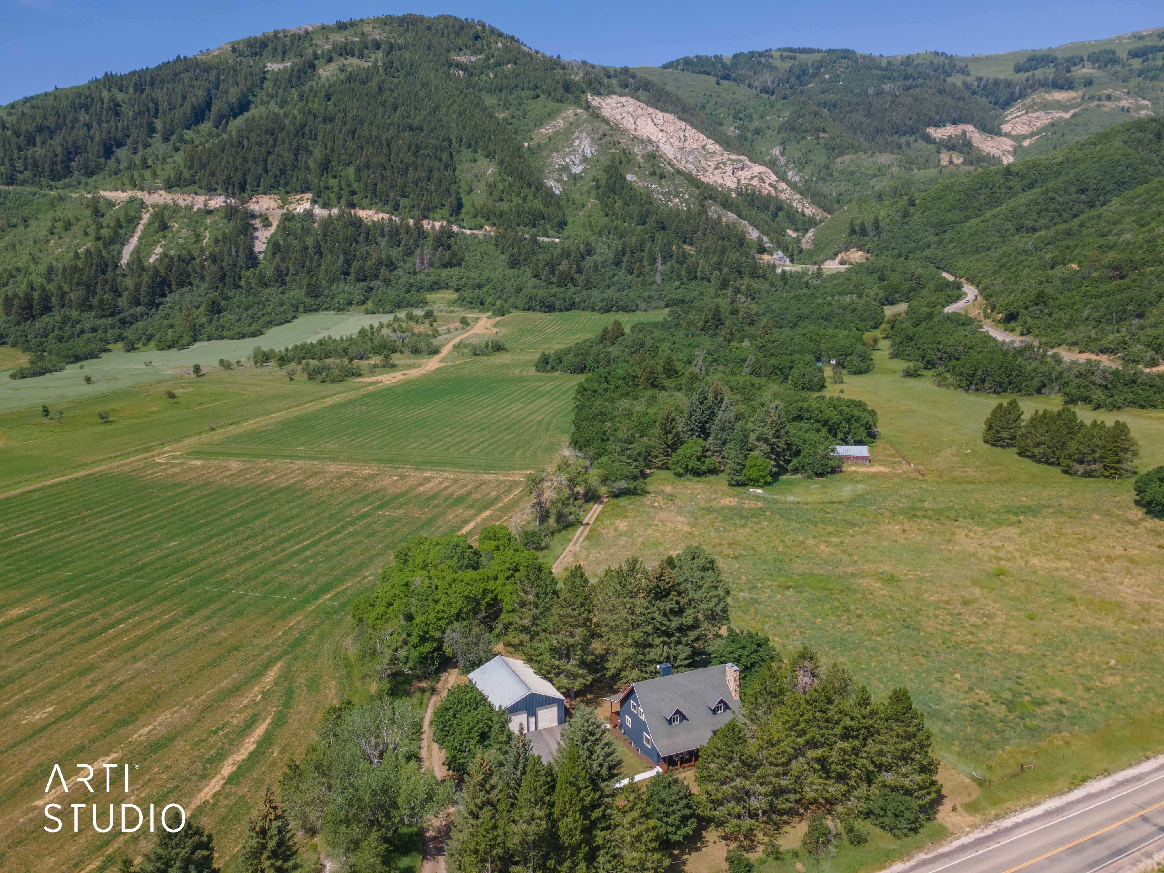 Expansive rural property featuring a traditional-style dwelling, a separate outbuilding, mature evergreen trees, and surrounding green fields