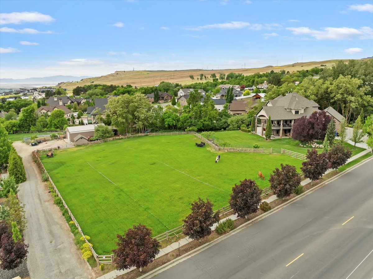 Expansive green space featuring a wooden perimeter fence, mature trees and shrubs, and a paved street frontage