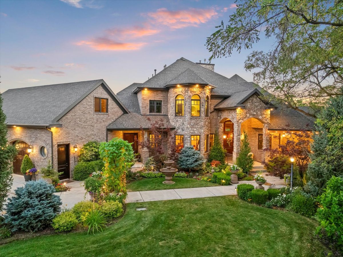 Stately brick and stone exterior with architectural turrets
