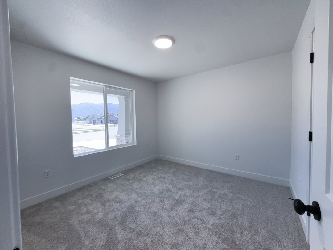 Bright interior space featuring a large window, neutral wall paint, and gray carpet flooring