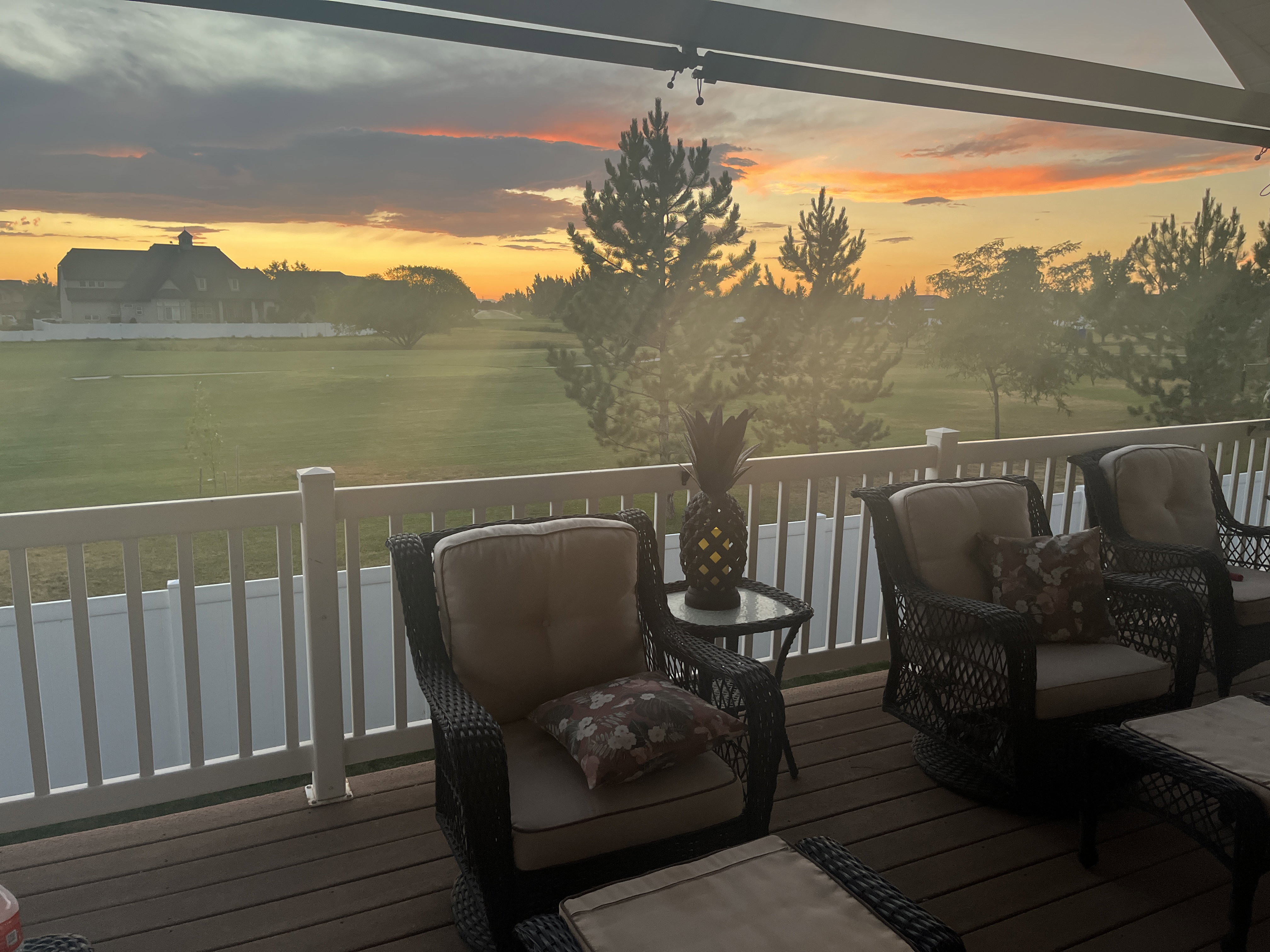 Expansive wood-finish deck with white railing overlooking a green landscape and distant structures