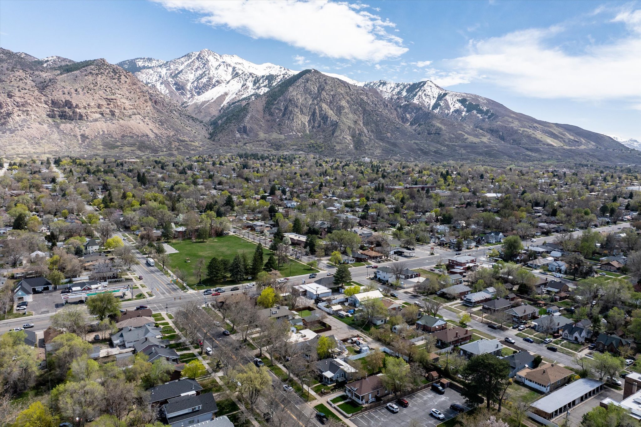 Aerial perspective showcasing a residential area with mature trees and a snow-capped mountain backdrop