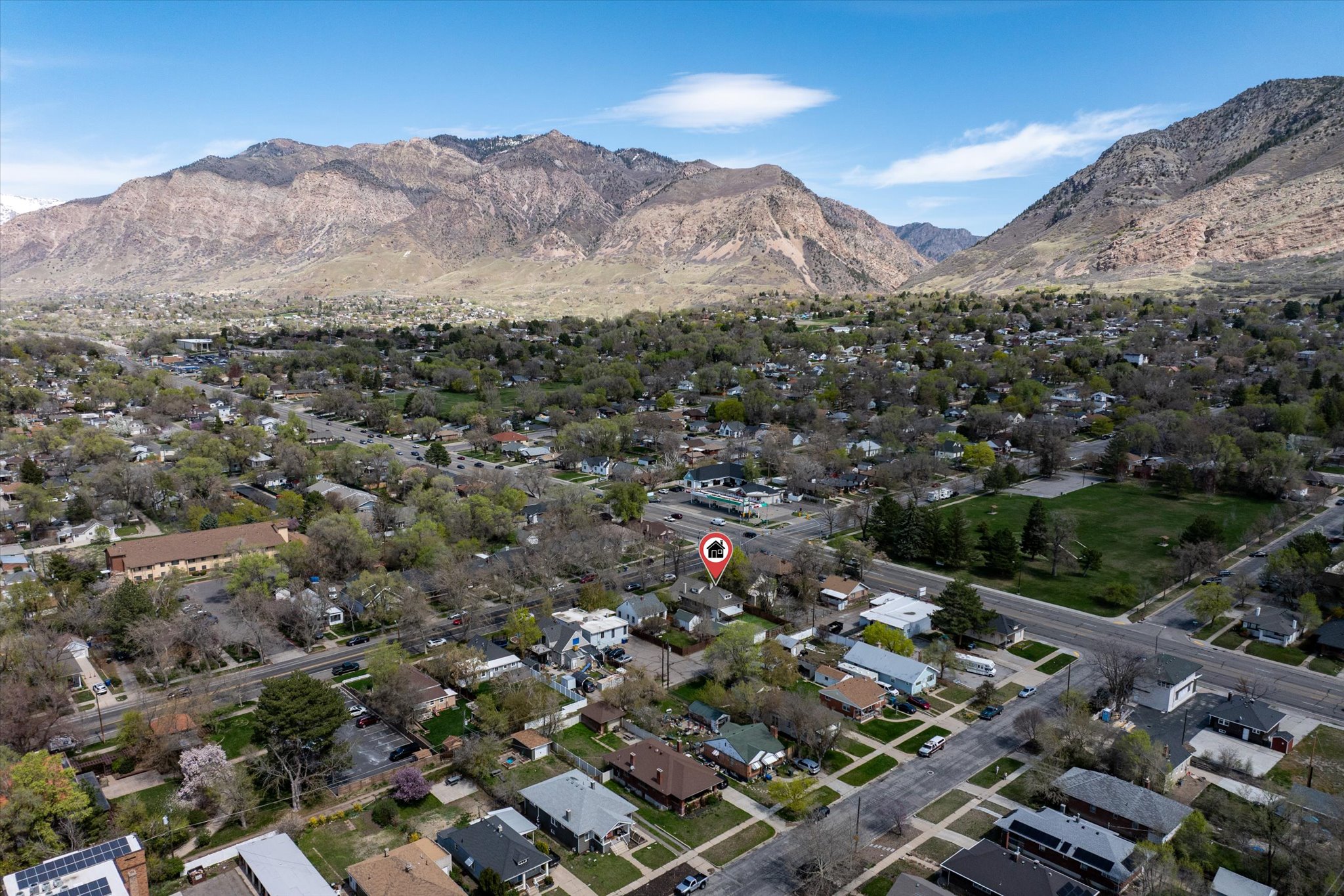 Expansive aerial perspective showcasing a residential neighborhood with abundant mature trees and a distant mountainous backdrop