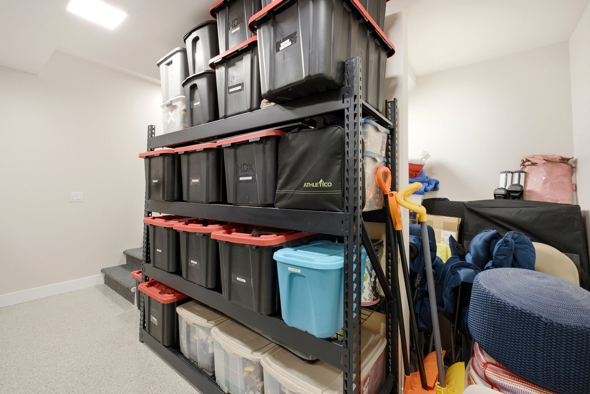 Dedicated storage area featuring robust shelving units
