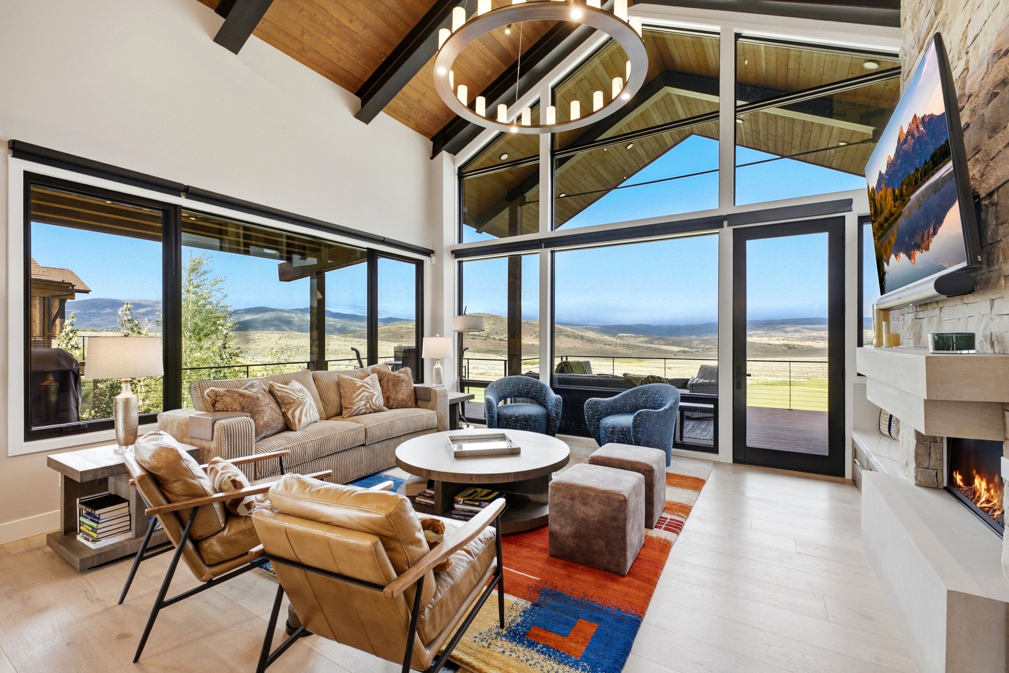 Vaulted ceiling with exposed wood beams and paneling