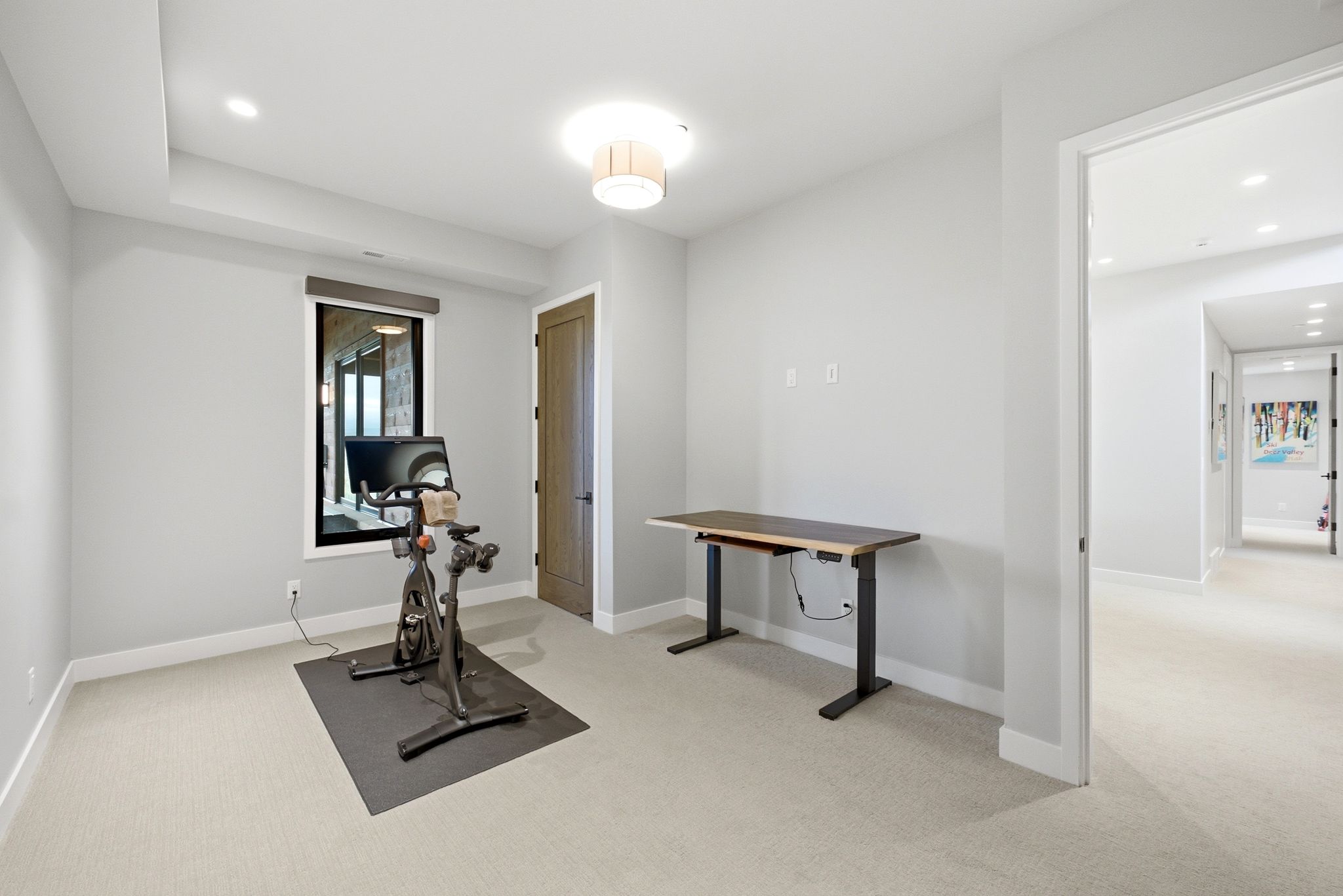 Versatile room with neutral carpeting, light gray walls, a window with a roller shade, and a wood-finish interior door