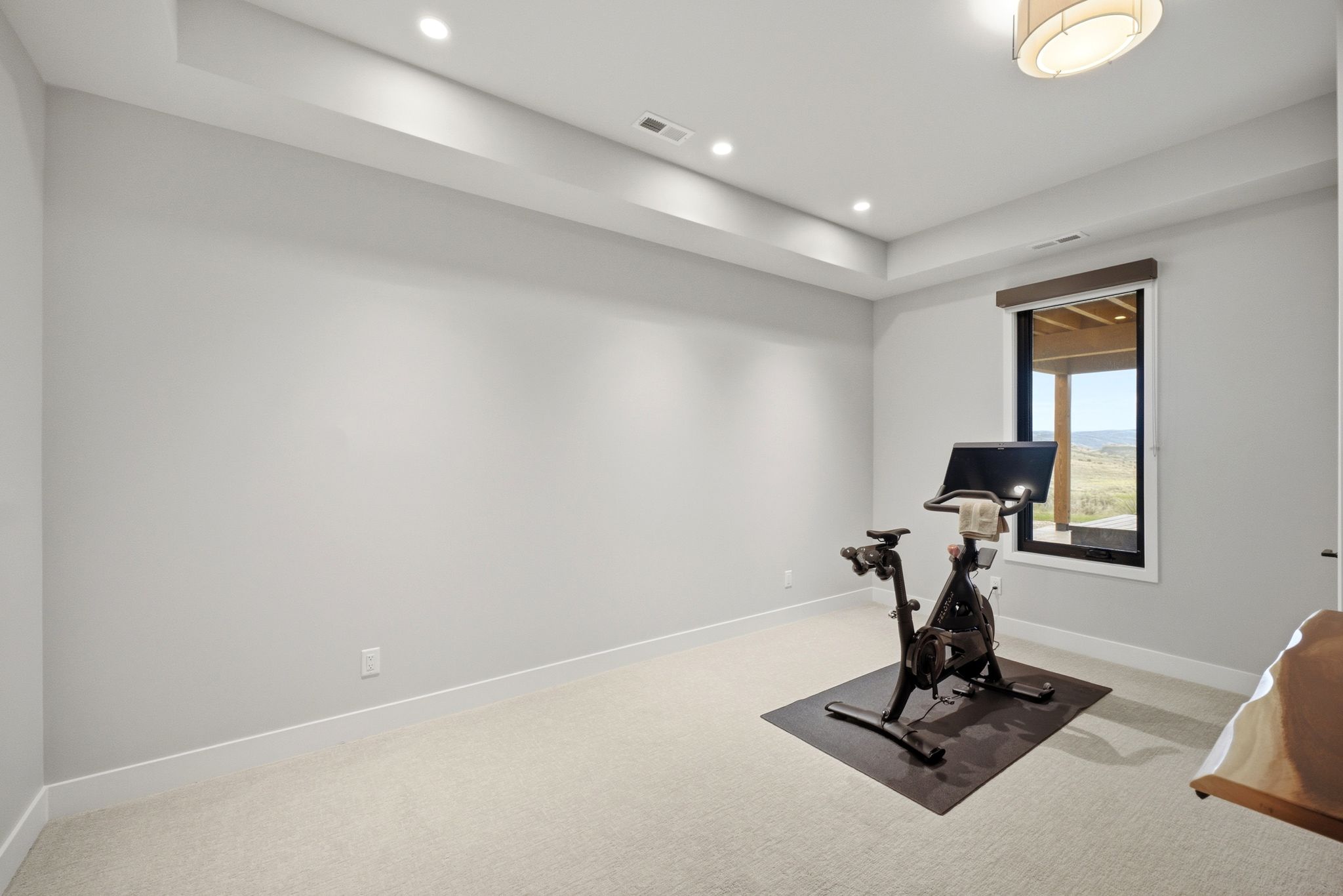 Carpeted room with recessed lighting and a tray ceiling