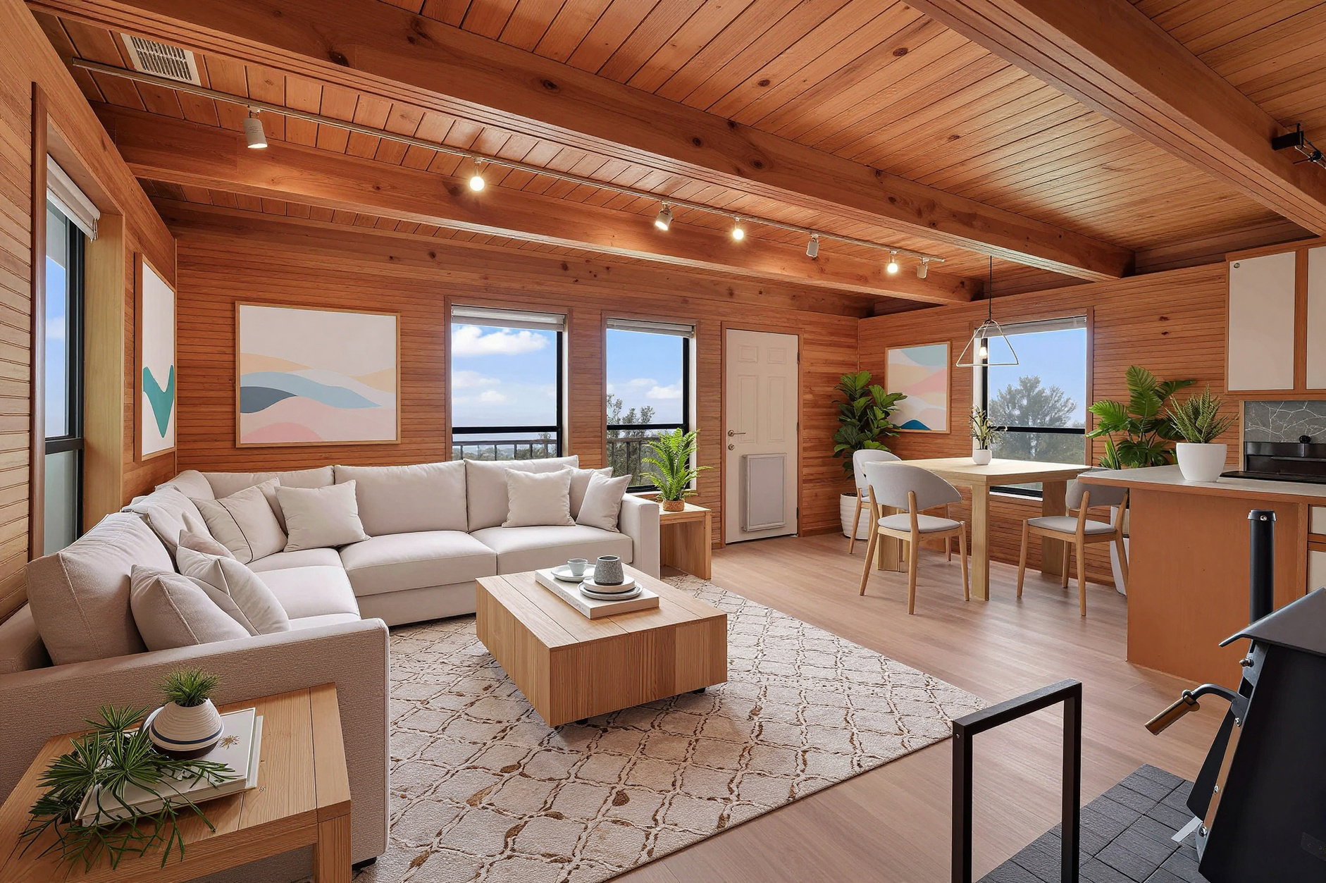 VIRTUALLY STAGED - Open-concept living area featuring extensive wood-paneled walls and ceilings