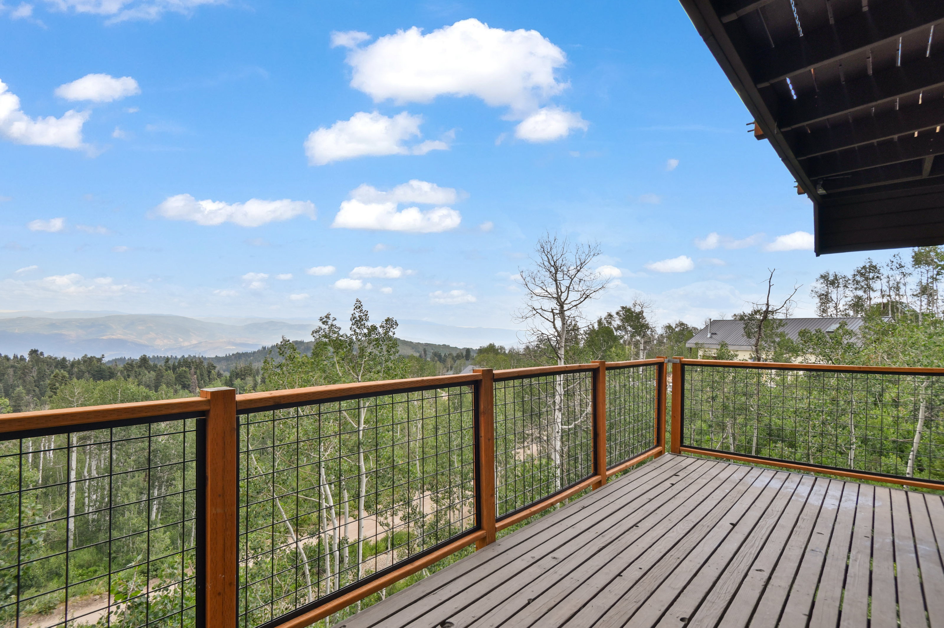 Expansive outdoor deck featuring wood flooring and a black wire railing system
