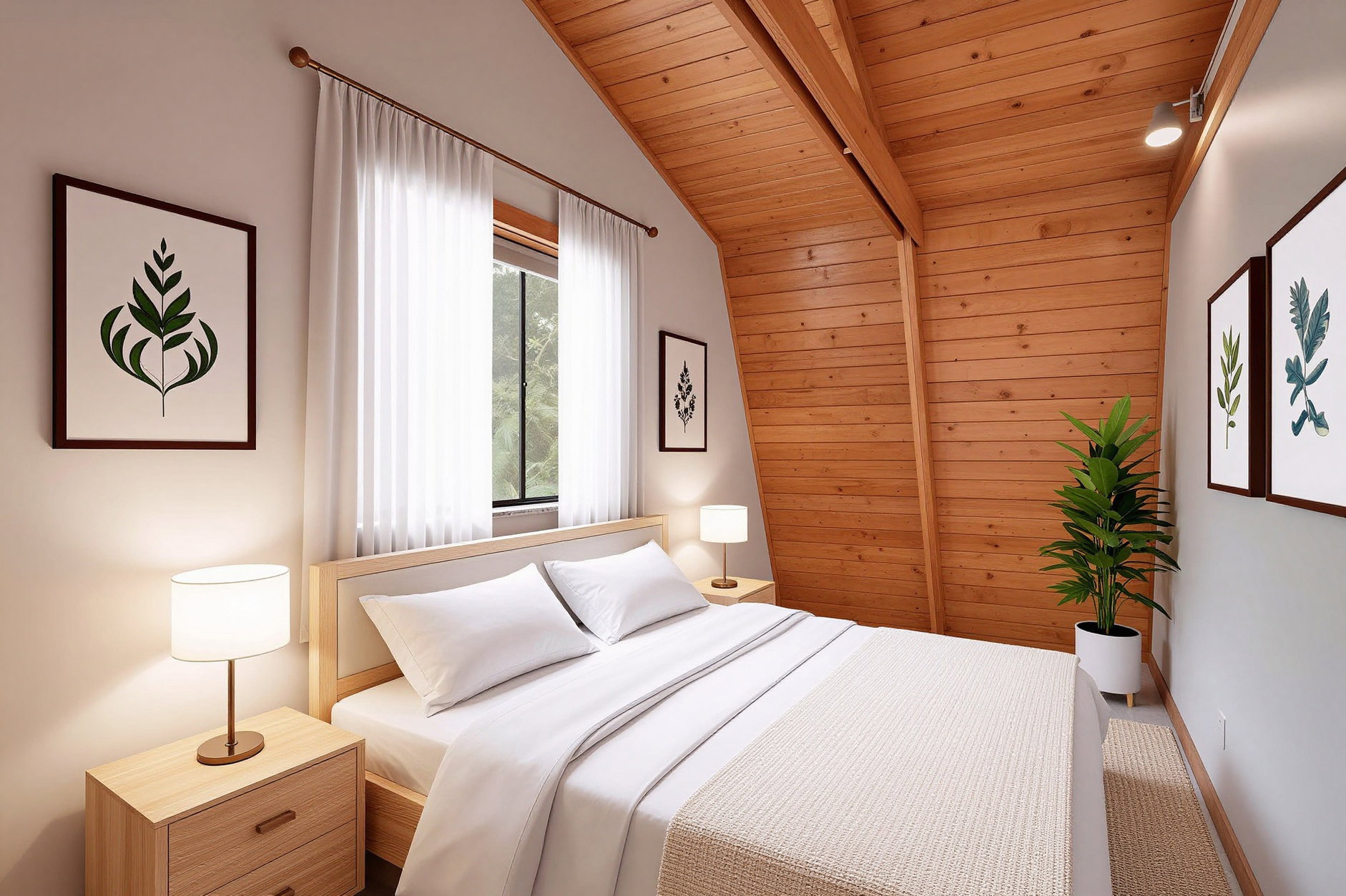 VIRTUALLY STAGED - Room featuring an angled wood-paneled ceiling with exposed beams, wood-finish flooring, a window with sheer curtains, and track lighting