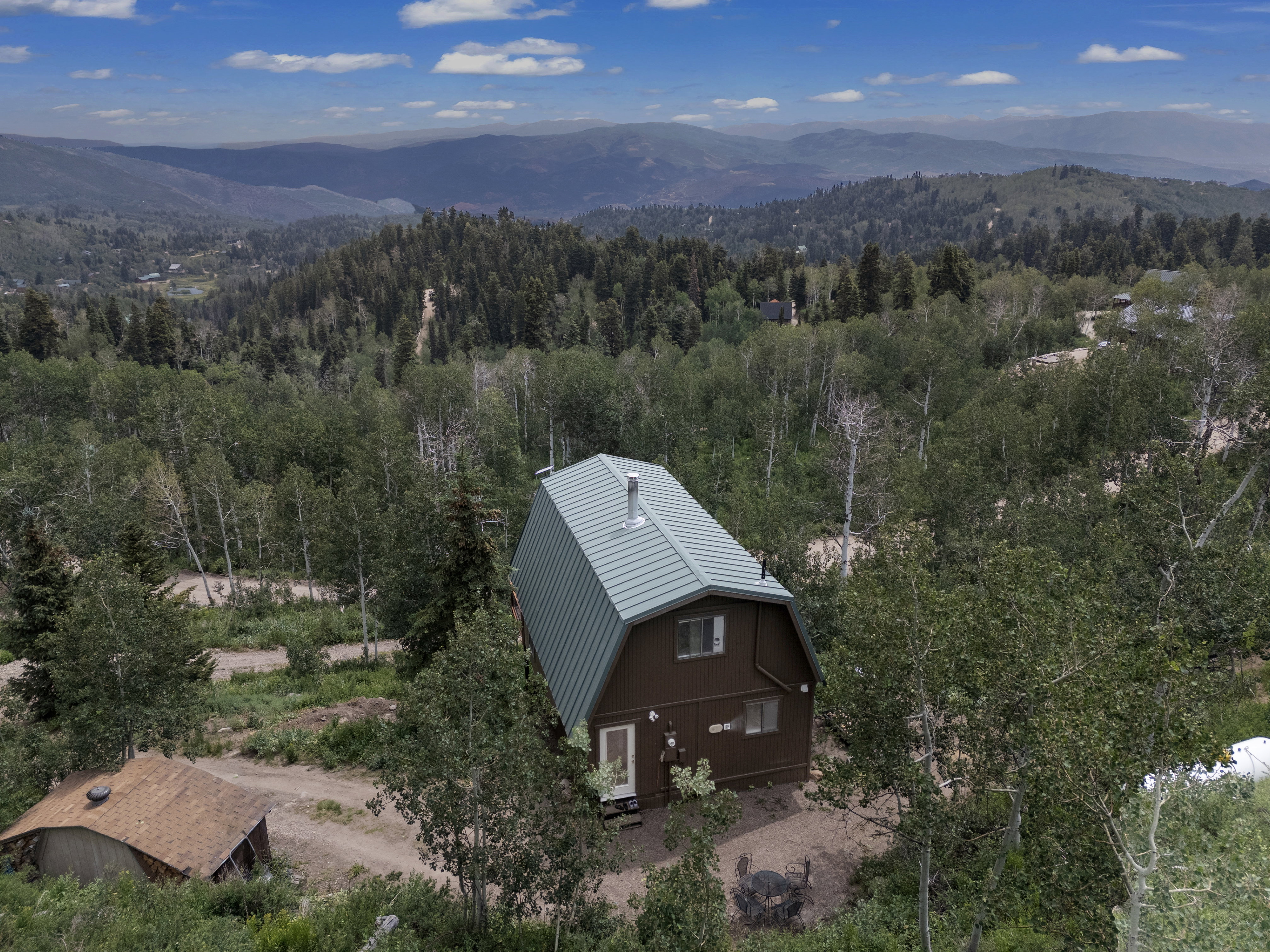 Brown siding cabin with a green metal roof surrounded by extensive tree coverage
