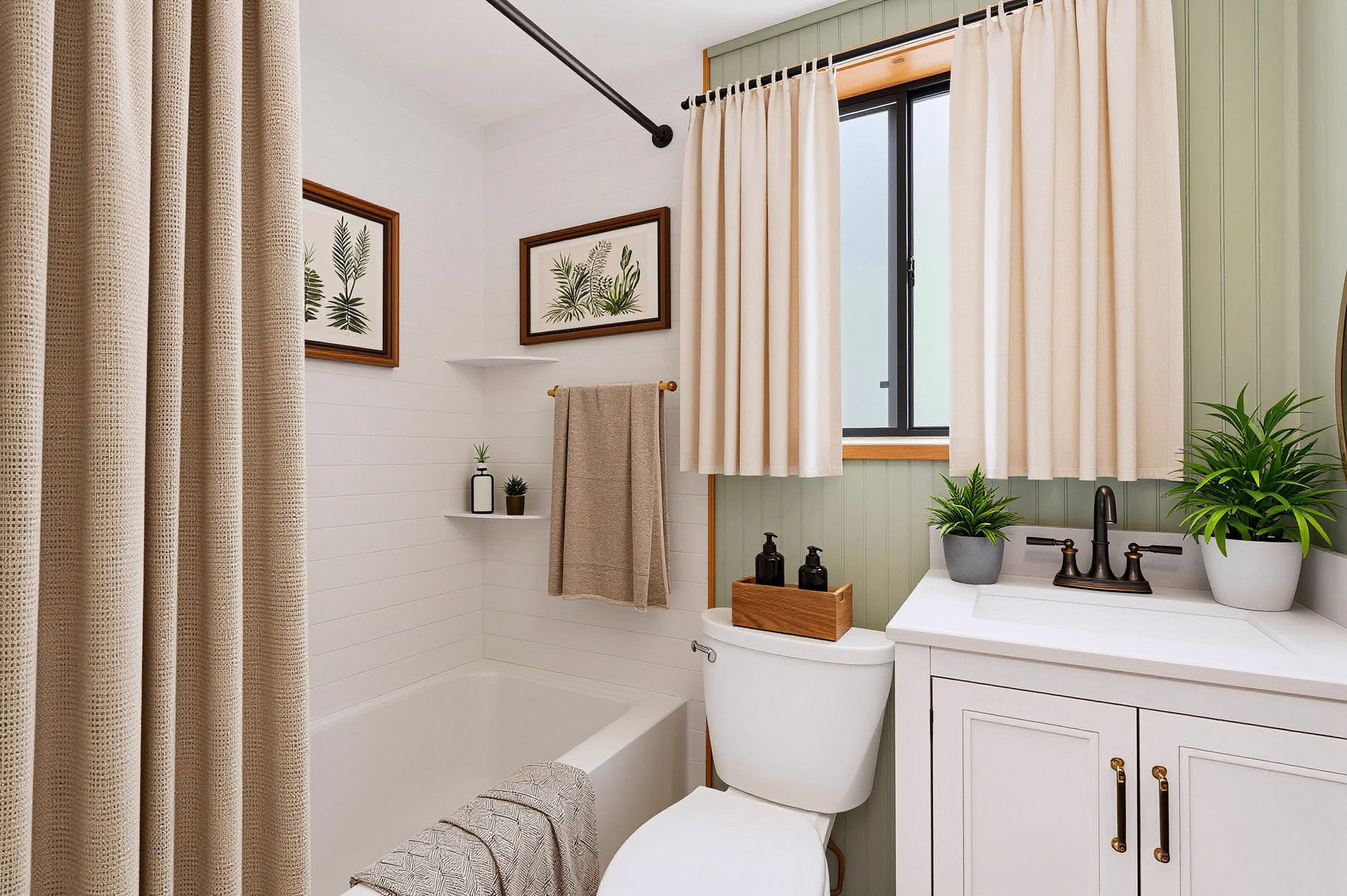 VIRTUALLY STAGED - Bathroom featuring a white vanity with an integrated sink, bronze-finish faucet, and beadboard wainscoting