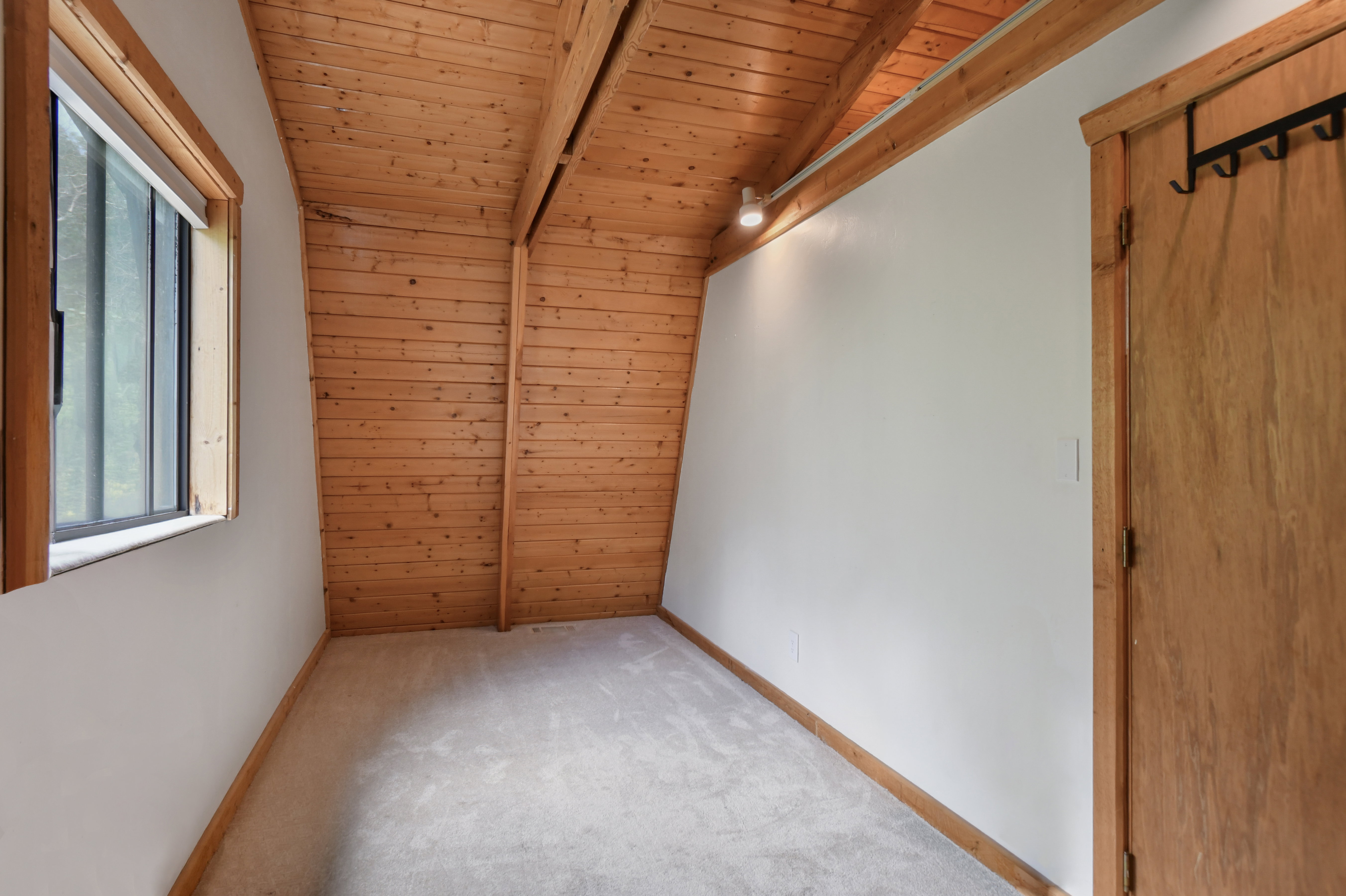 Carpeted room featuring an angled wood-paneled ceiling, a single window, track lighting, and a wood-panel door with a coat rack
