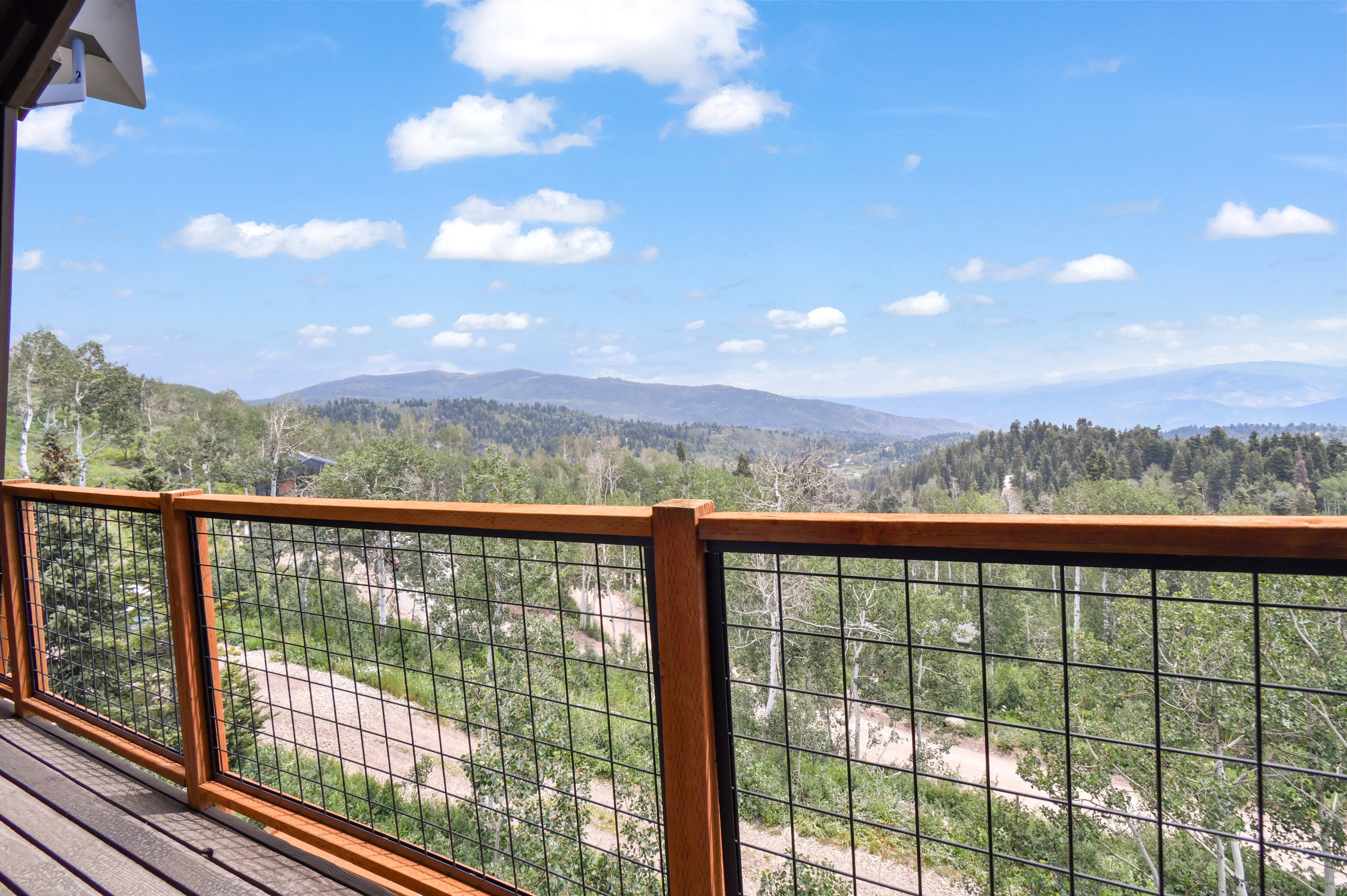 Master Bedroom Deck featuring wood-finish flooring and a contemporary wire grid railing