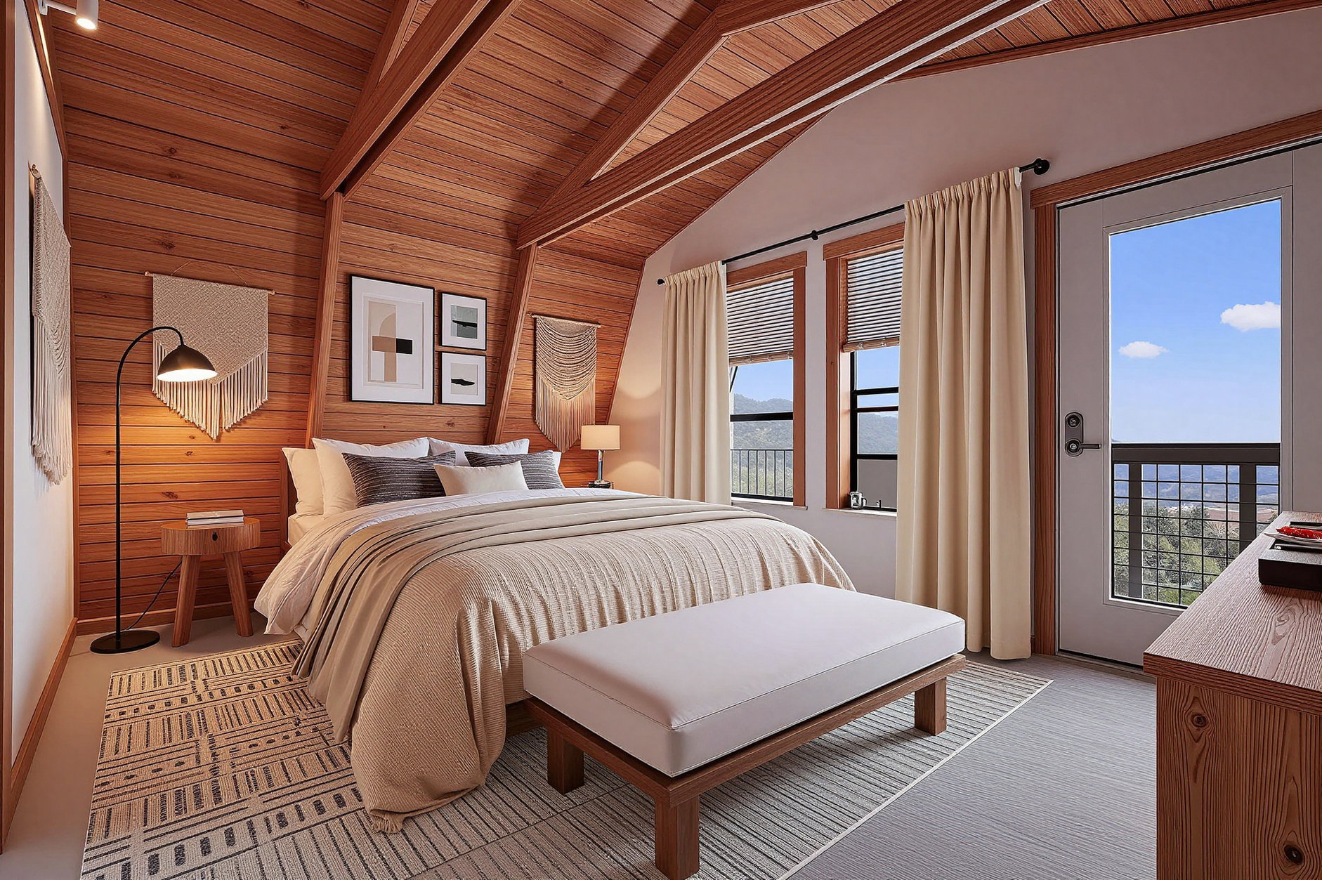 VIRTUALLY STAGED - Vaulted wood-paneled ceilings and walls define this bedroom space