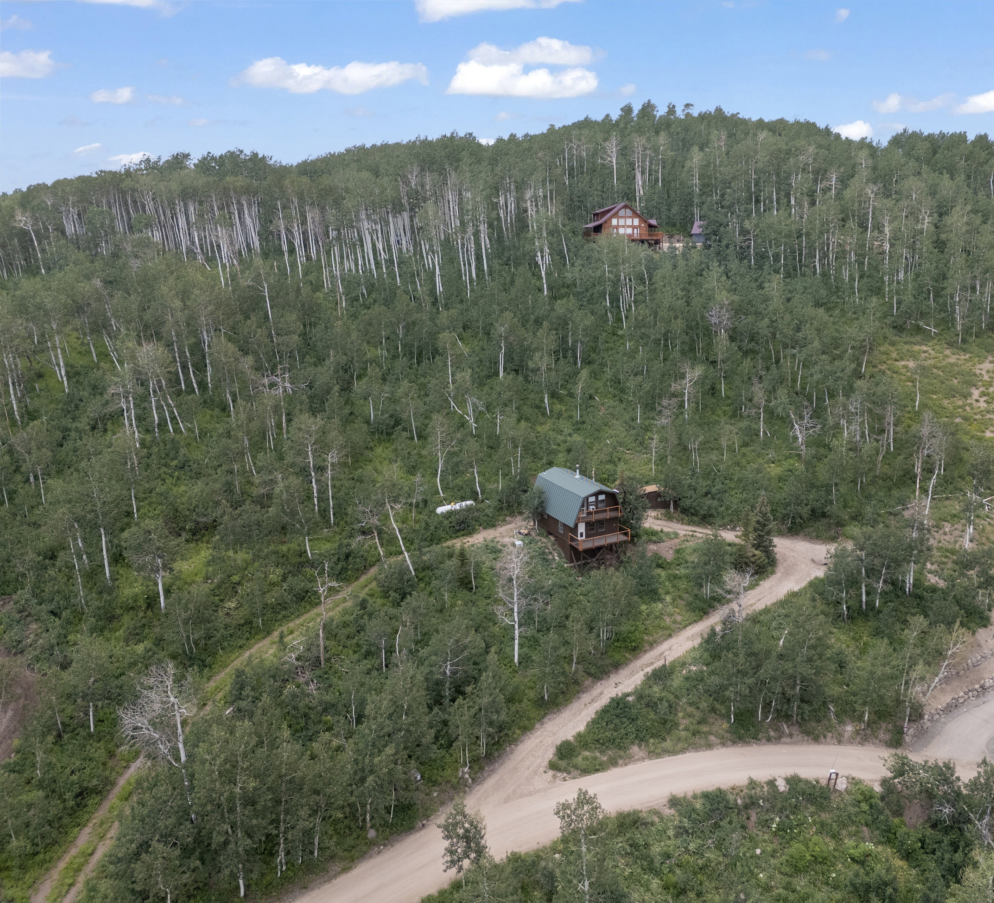 Wooded hillside property featuring two distinct structures and a winding dirt road