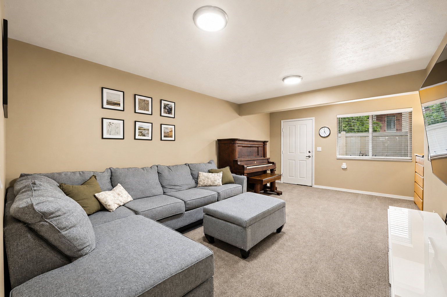 Carpeted living area featuring a neutral color palette, ceiling-mounted lighting, a white paneled door, and a prominent window with horizontal blinds