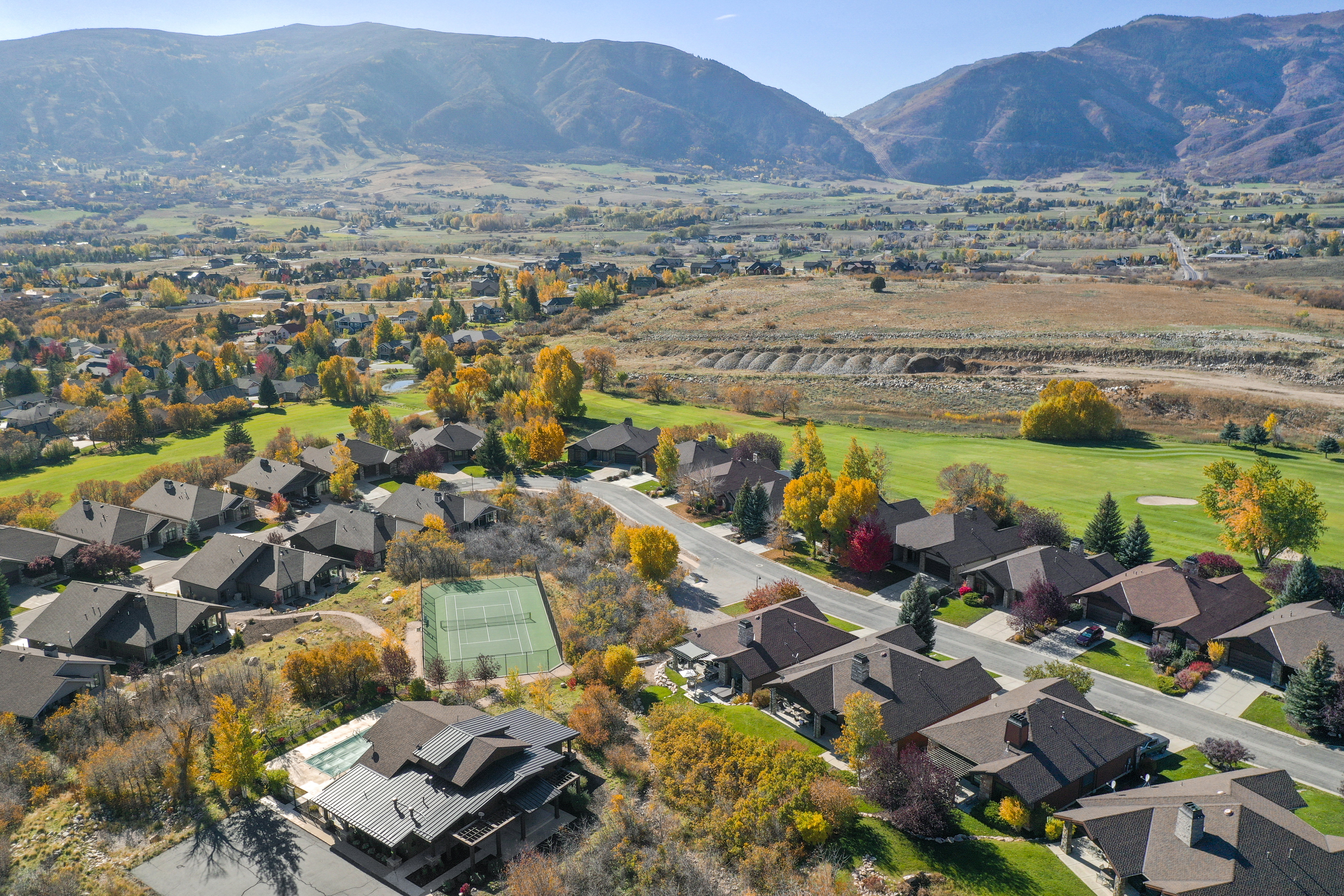 Aerial of HOA clubhouse and tennis courts