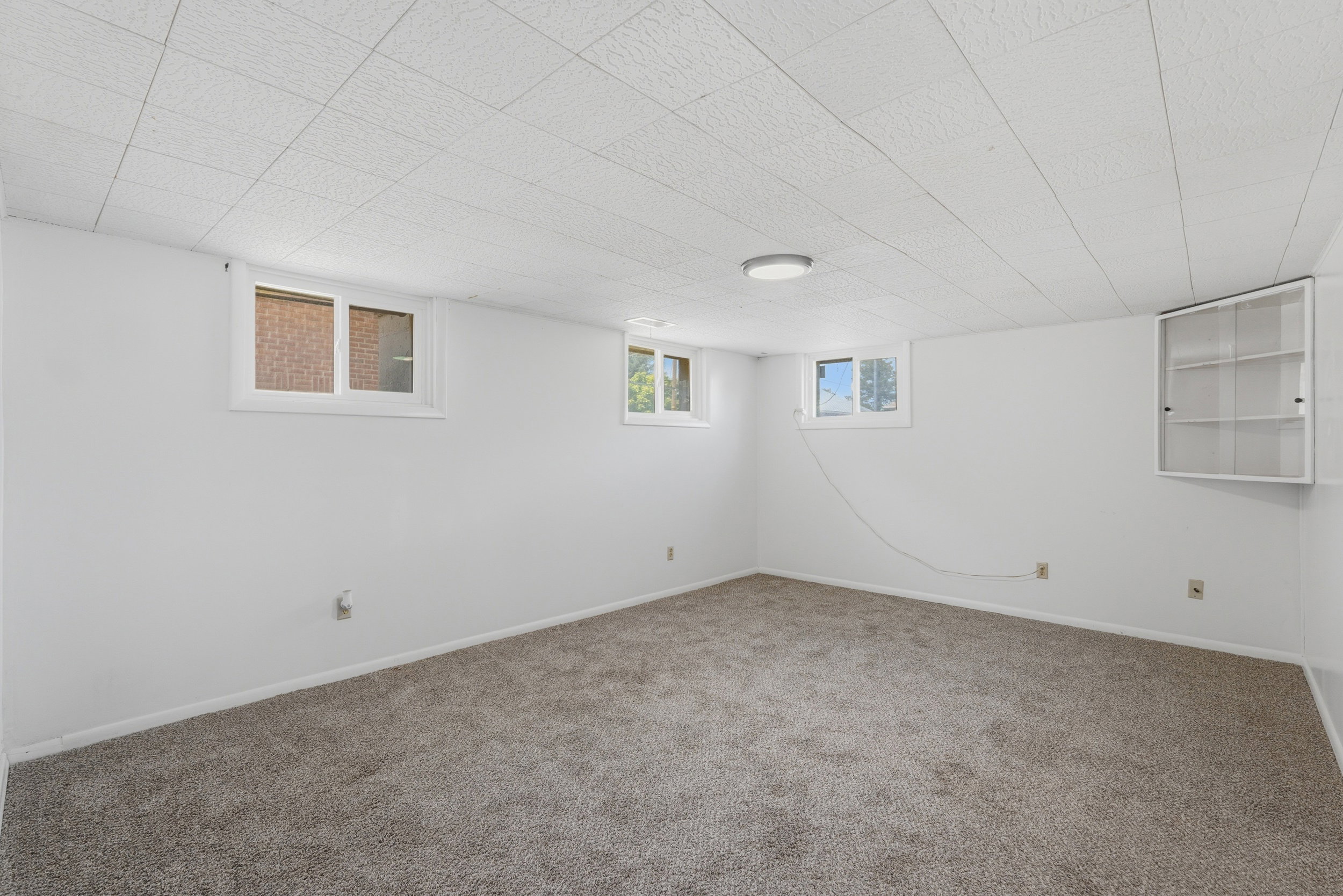 Spacious room featuring neutral carpet flooring, bright white walls, multiple windows, a ceiling light fixture, and a built-in wall cabinet with glass doors