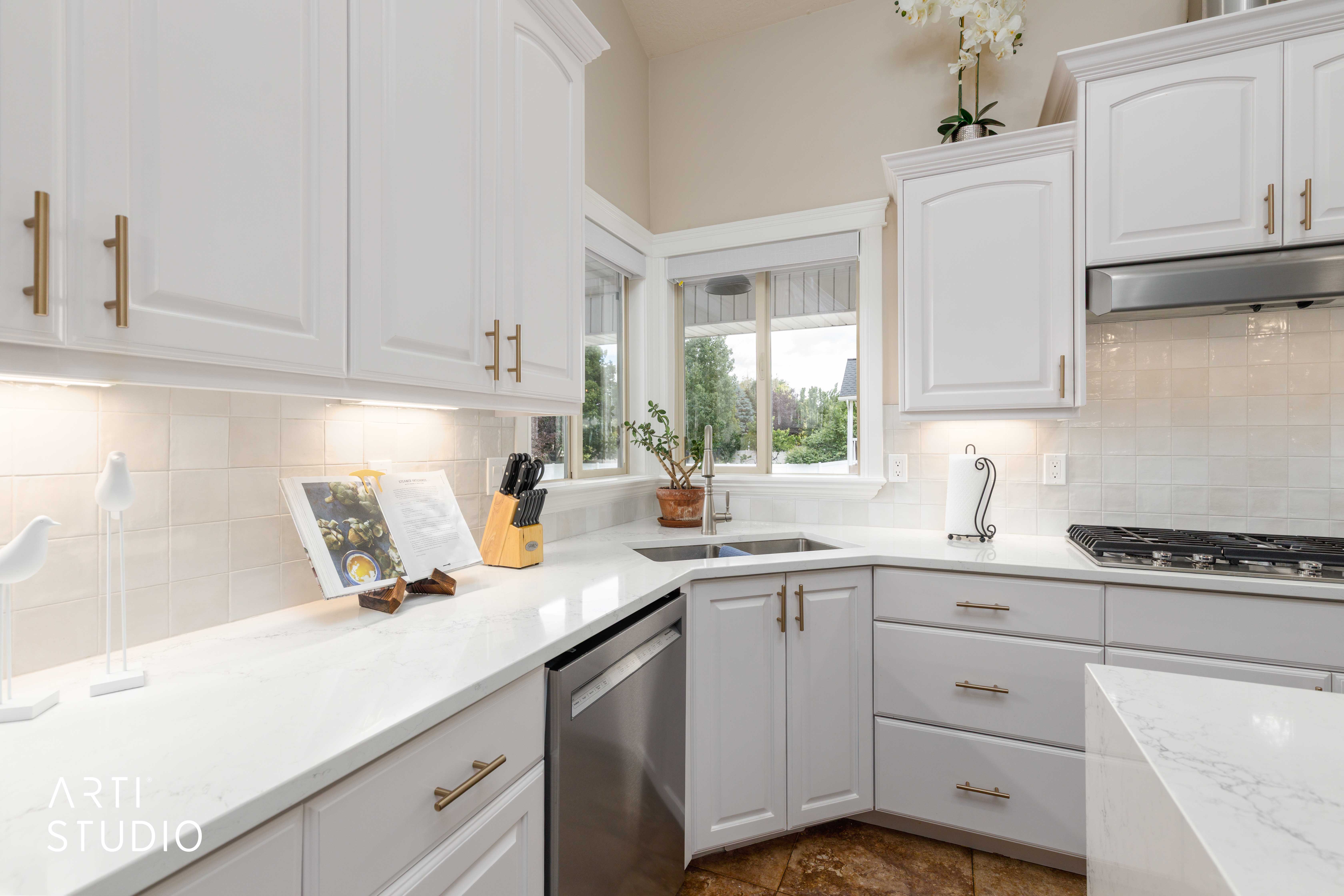 Kitchen sink area overlooking backyard
