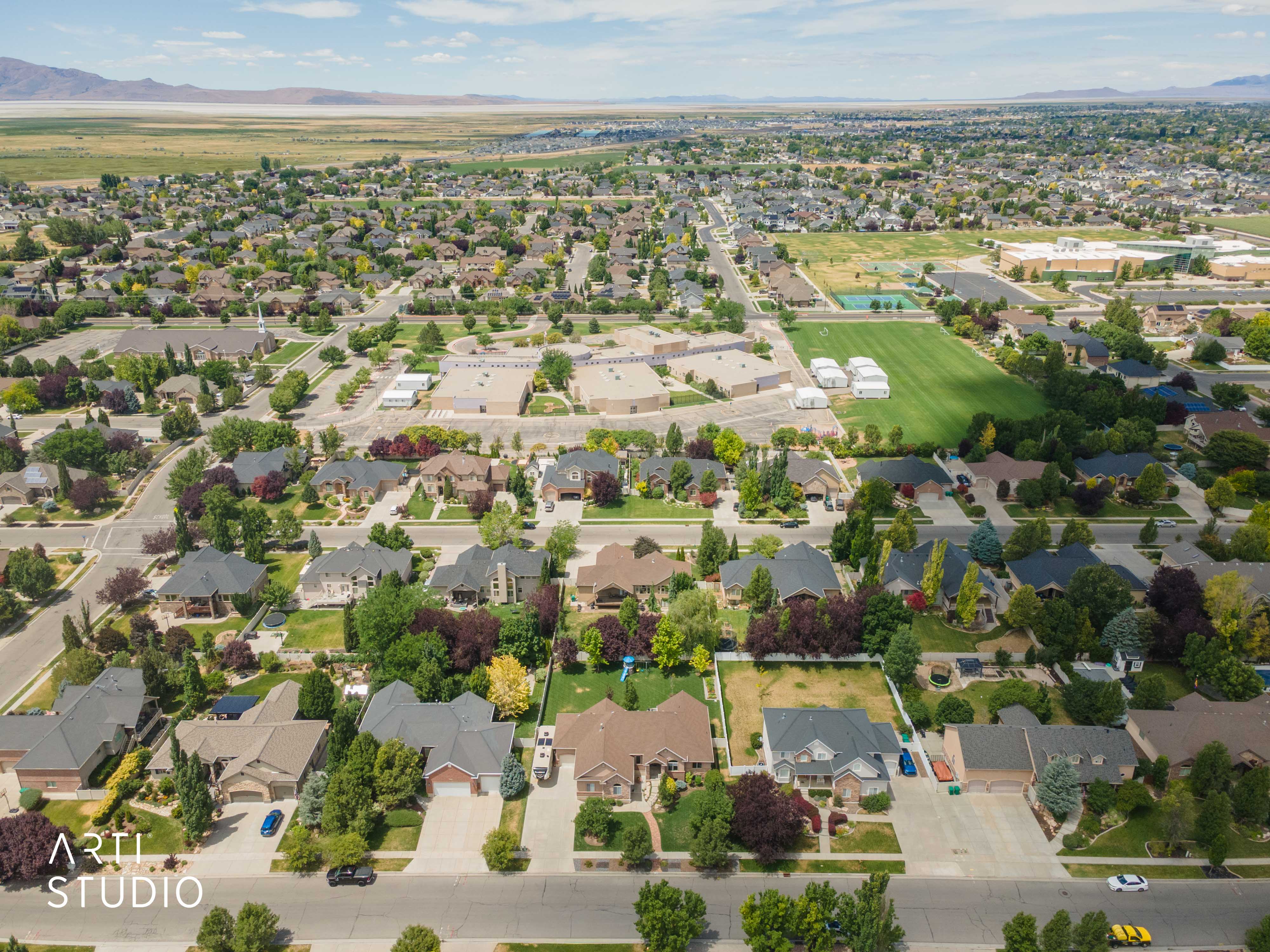 West facing aerial view of community