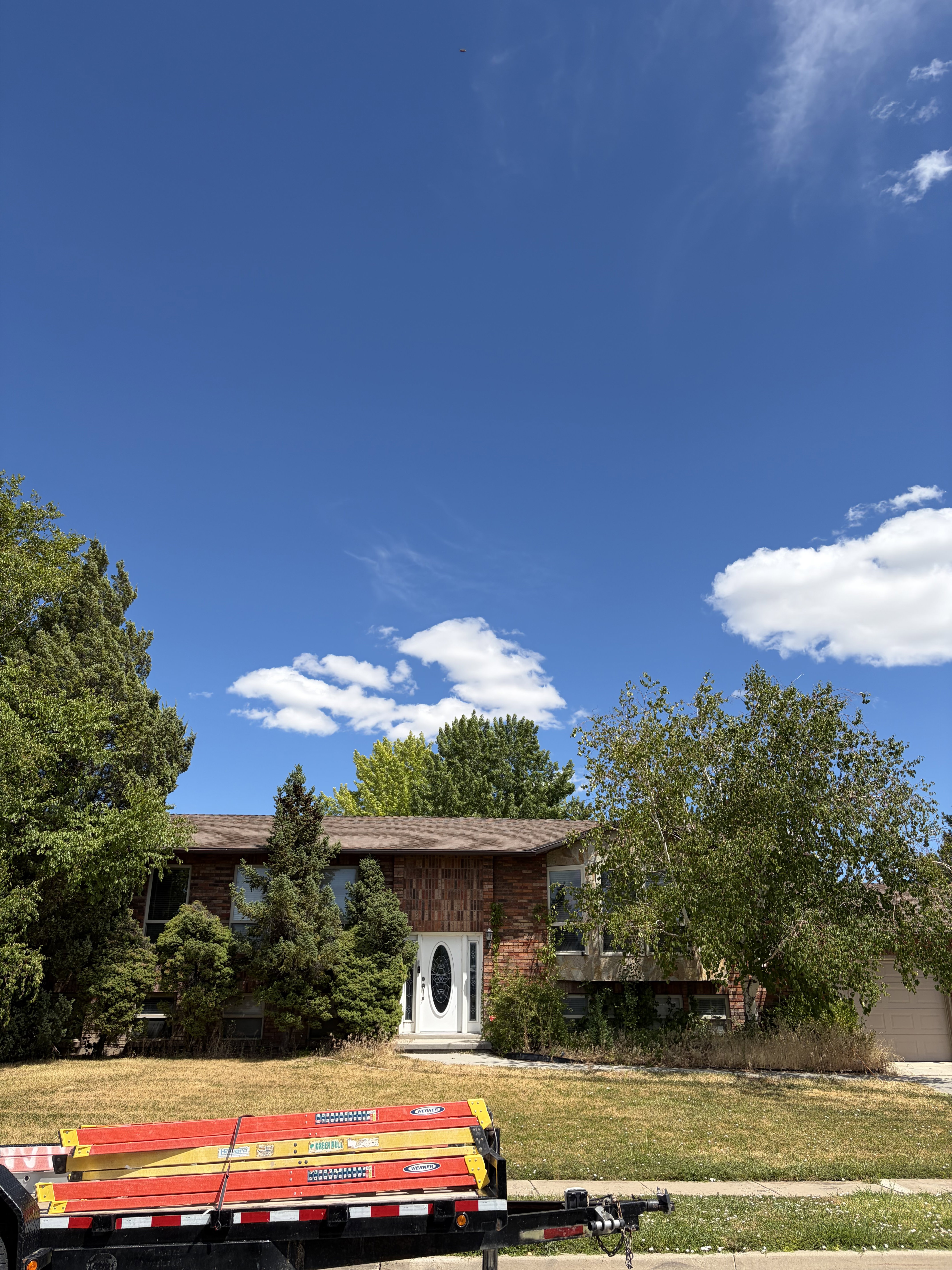 Brick-front exterior featuring a white paneled front door, an attached two-car garage, and mature landscaping