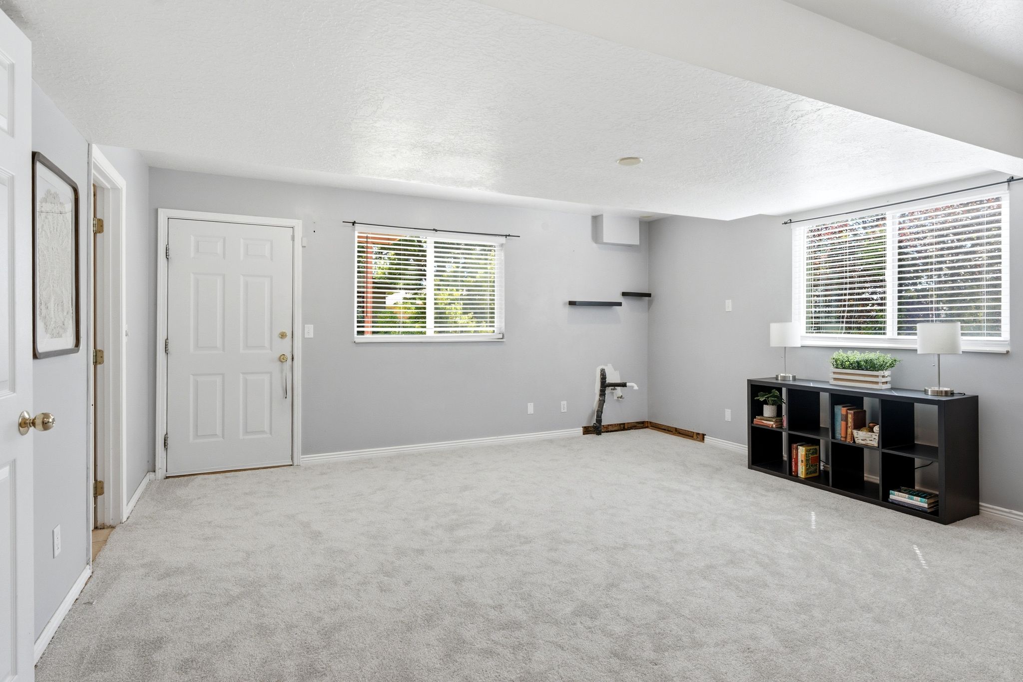 Carpeted room featuring multiple windows with blinds, a white paneled door, and light gray wall paint