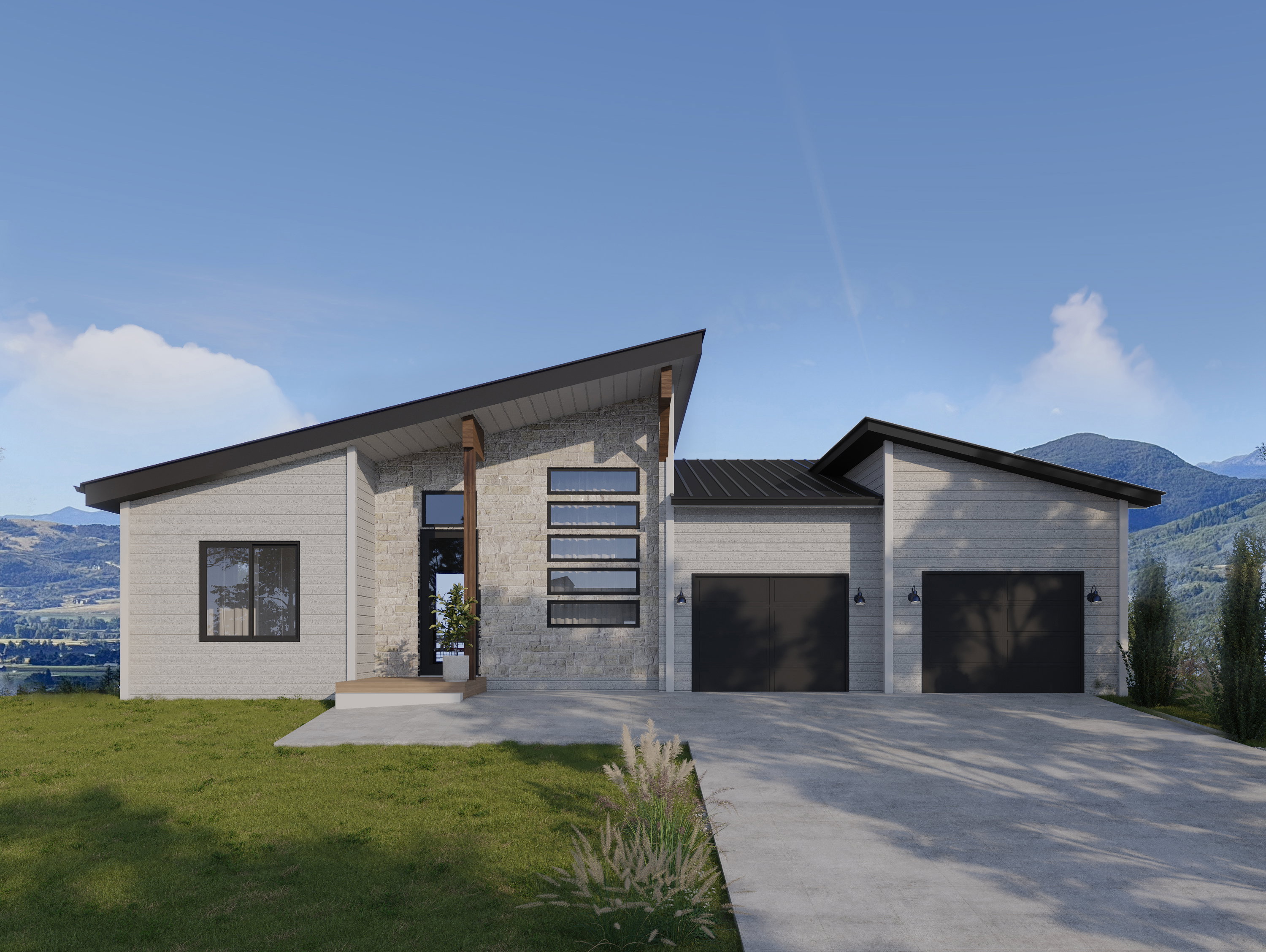 Contemporary house with a mountain view, a garage, driveway, a metal roof, and a front yard