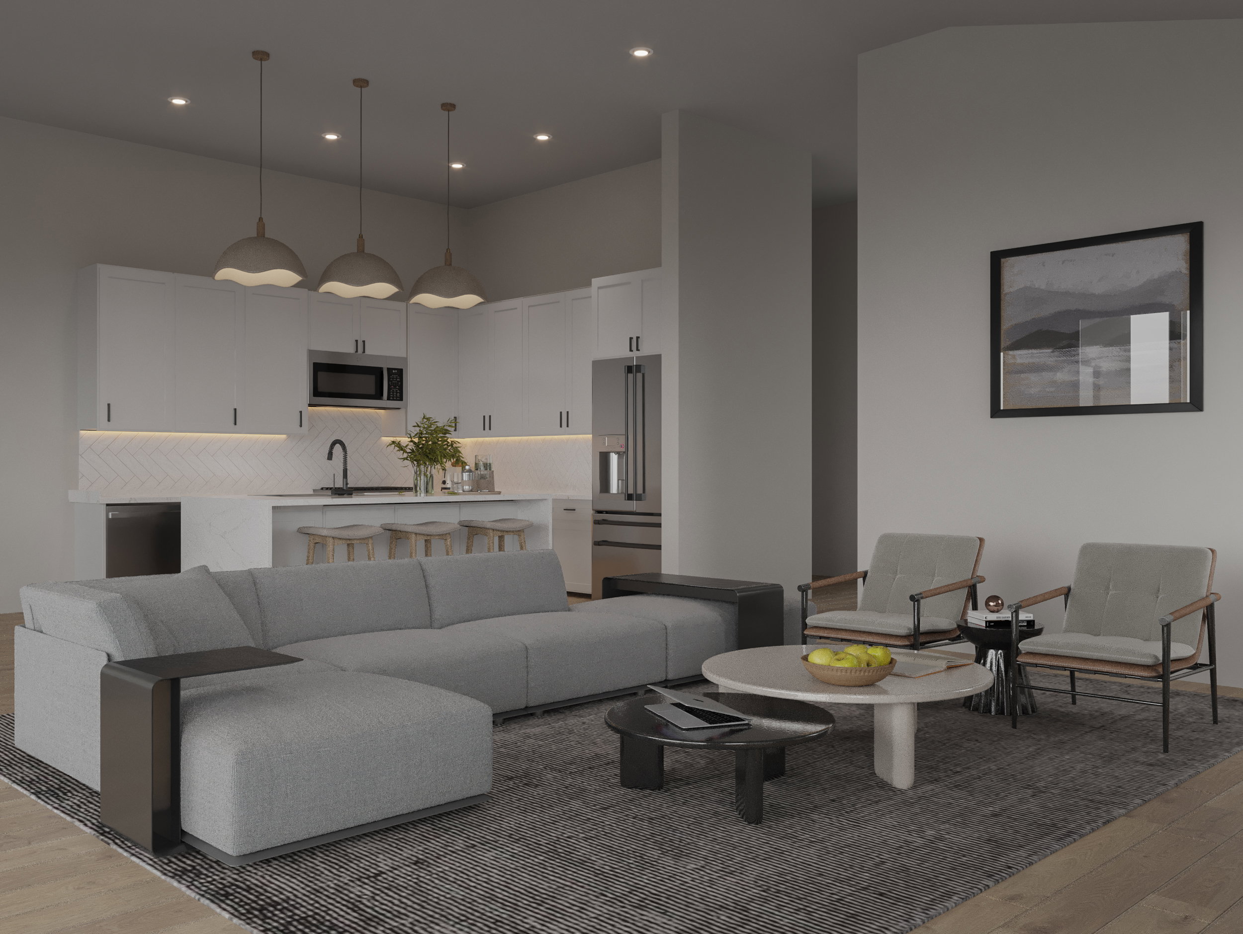 Living room with light wood-style flooring, a high ceiling, and recessed lighting