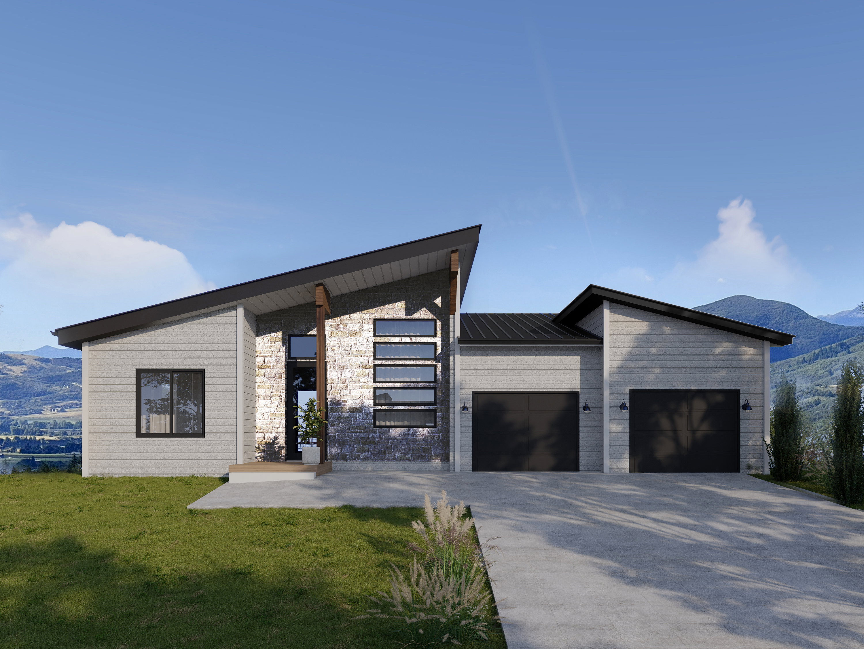 Modern home with a mountain view, an attached garage, concrete driveway, and a front lawn