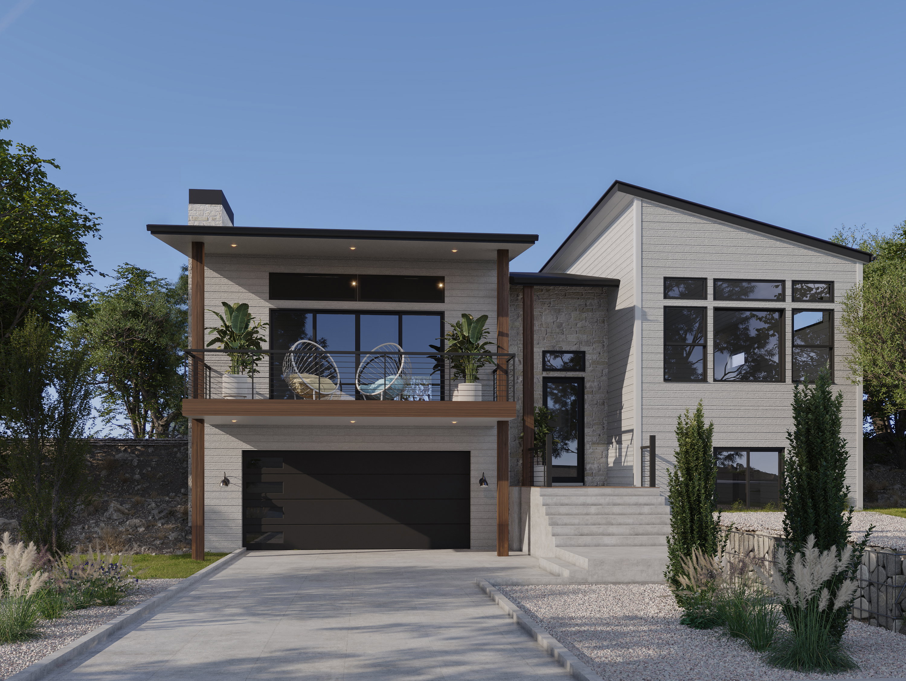 Contemporary house featuring a balcony, a chimney, a garage, and concrete driveway