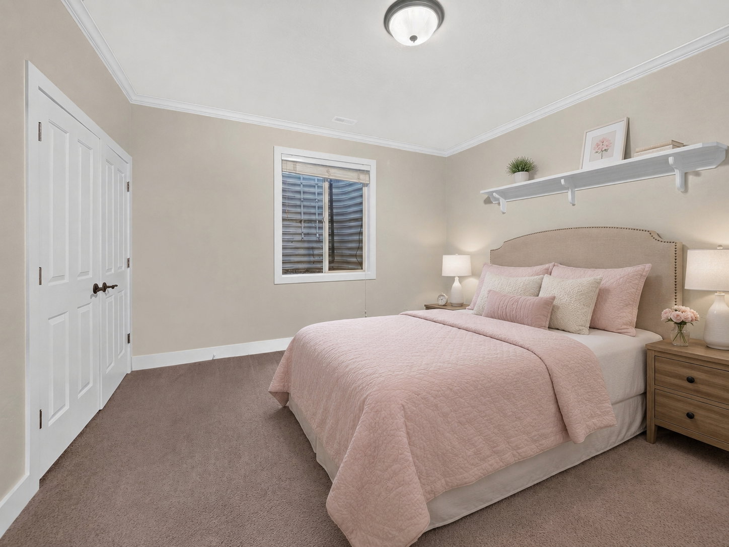 Neutral-toned bedroom featuring plush carpeting and a double-door closet
