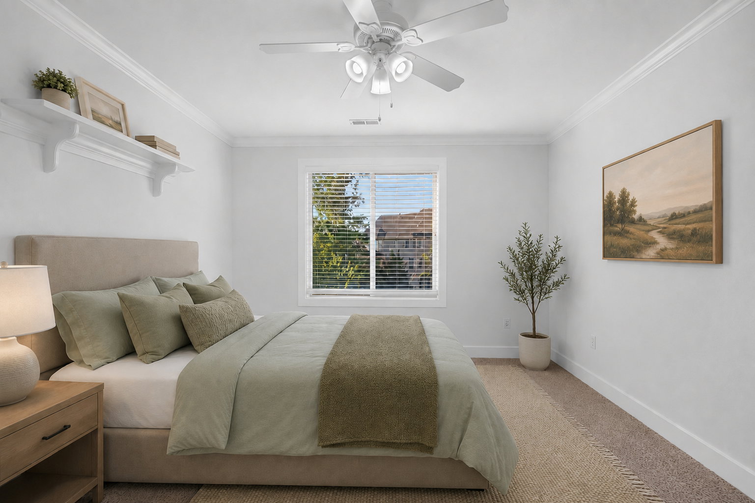 Carpeted room featuring a ceiling fan, crown molding, a window with blinds, and a built-in wall shelf