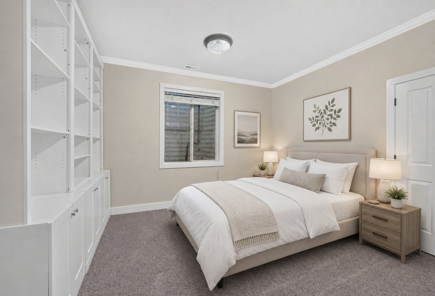 Bedroom featuring a built-in white shelving unit with lower cabinetry, light beige wall paint, gray carpeting, and a window with blinds