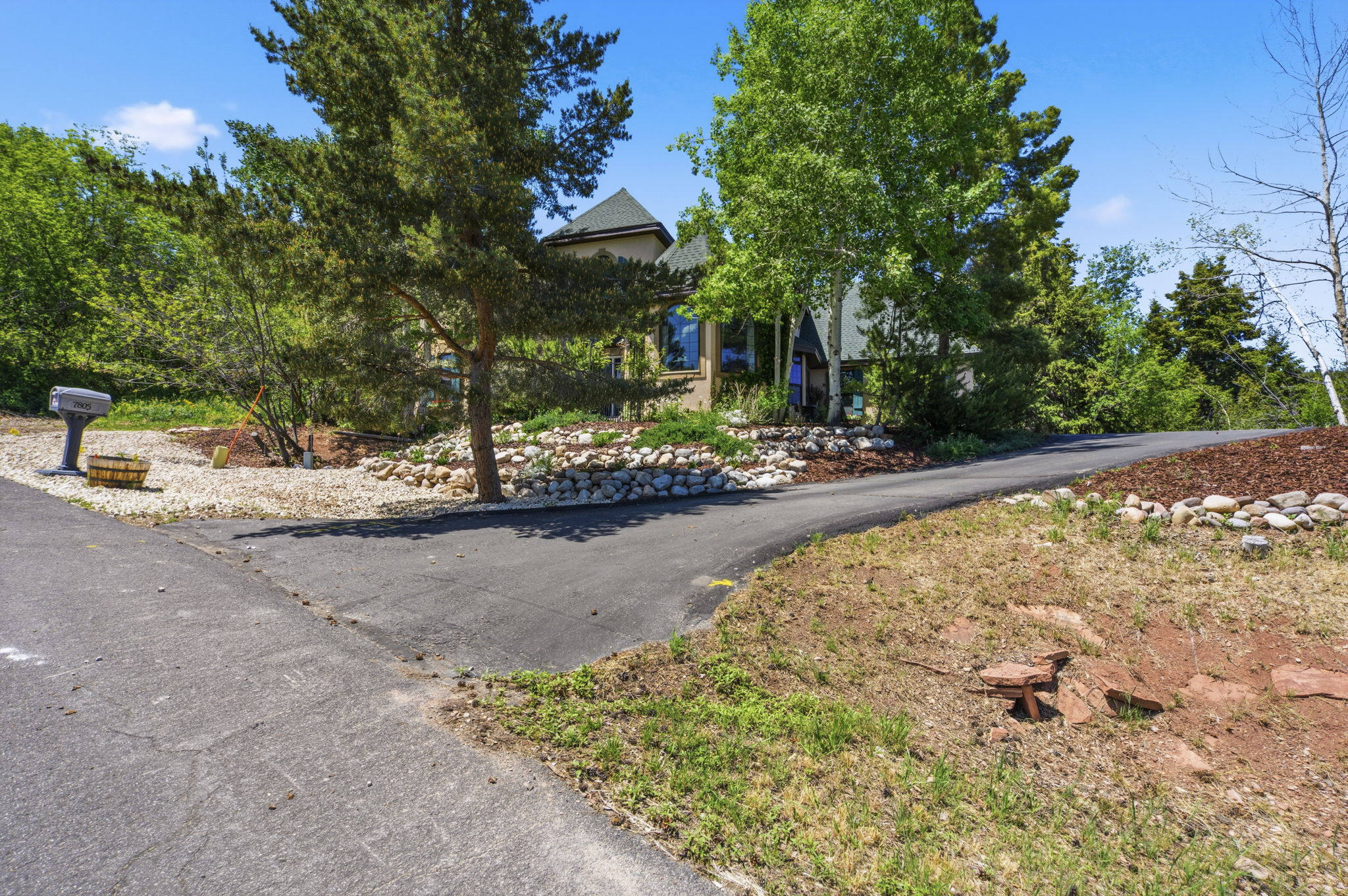 Paved driveway with a split leading to the property, surrounded by mature trees and natural landscaping