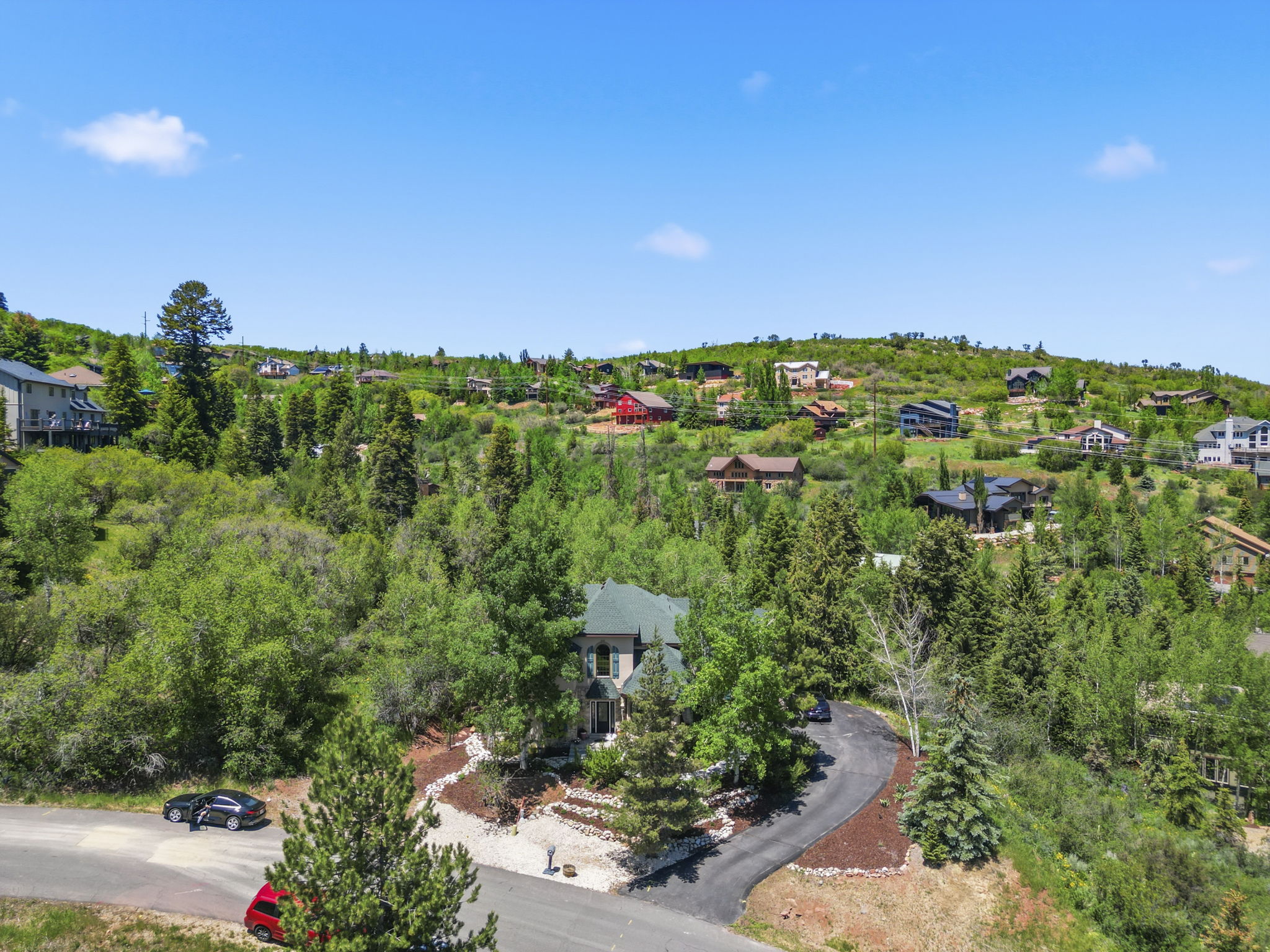 Hillside property featuring a green-roofed residence nestled among mature trees