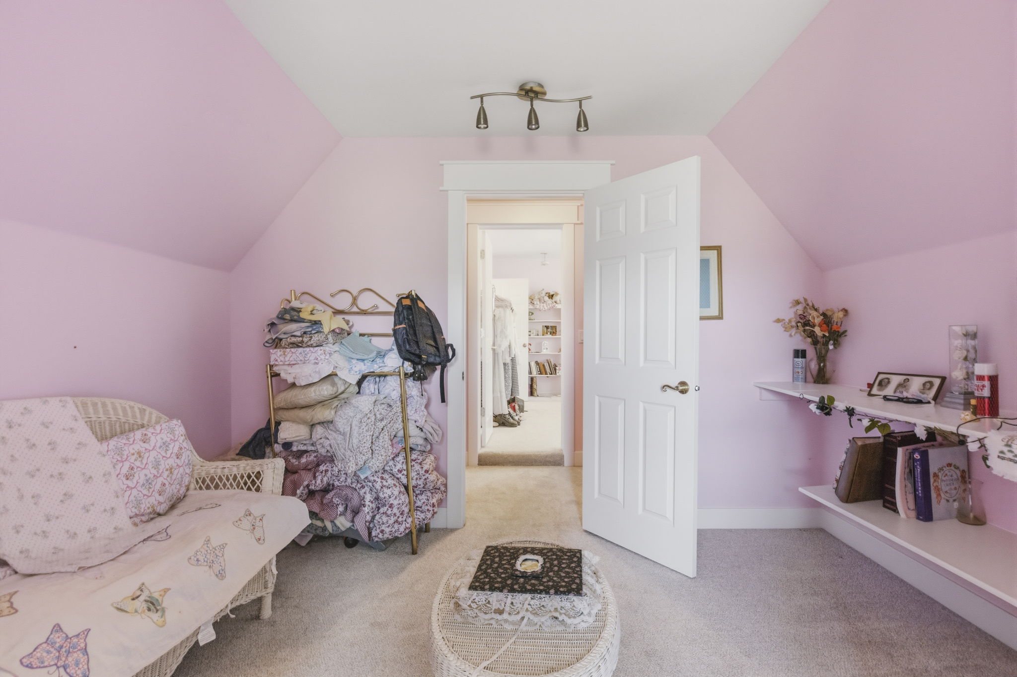 Carpeted room with sloped ceilings, featuring built-in shelving, a paneled door, and track lighting