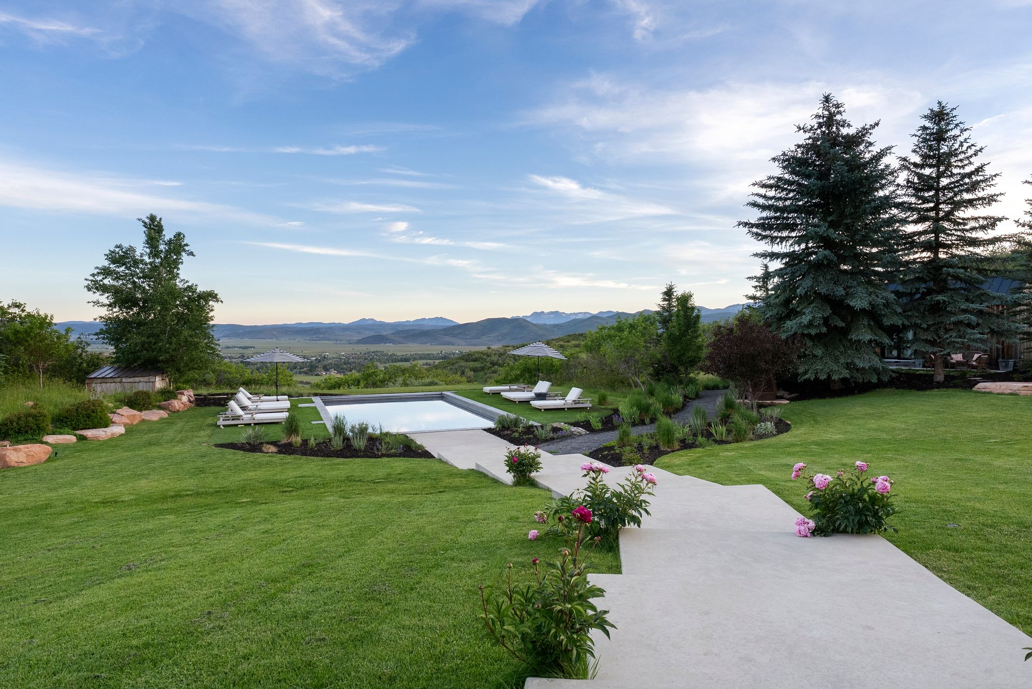 Spacious lawn with a rectangular swimming pool, concrete patio, and mature evergreen trees