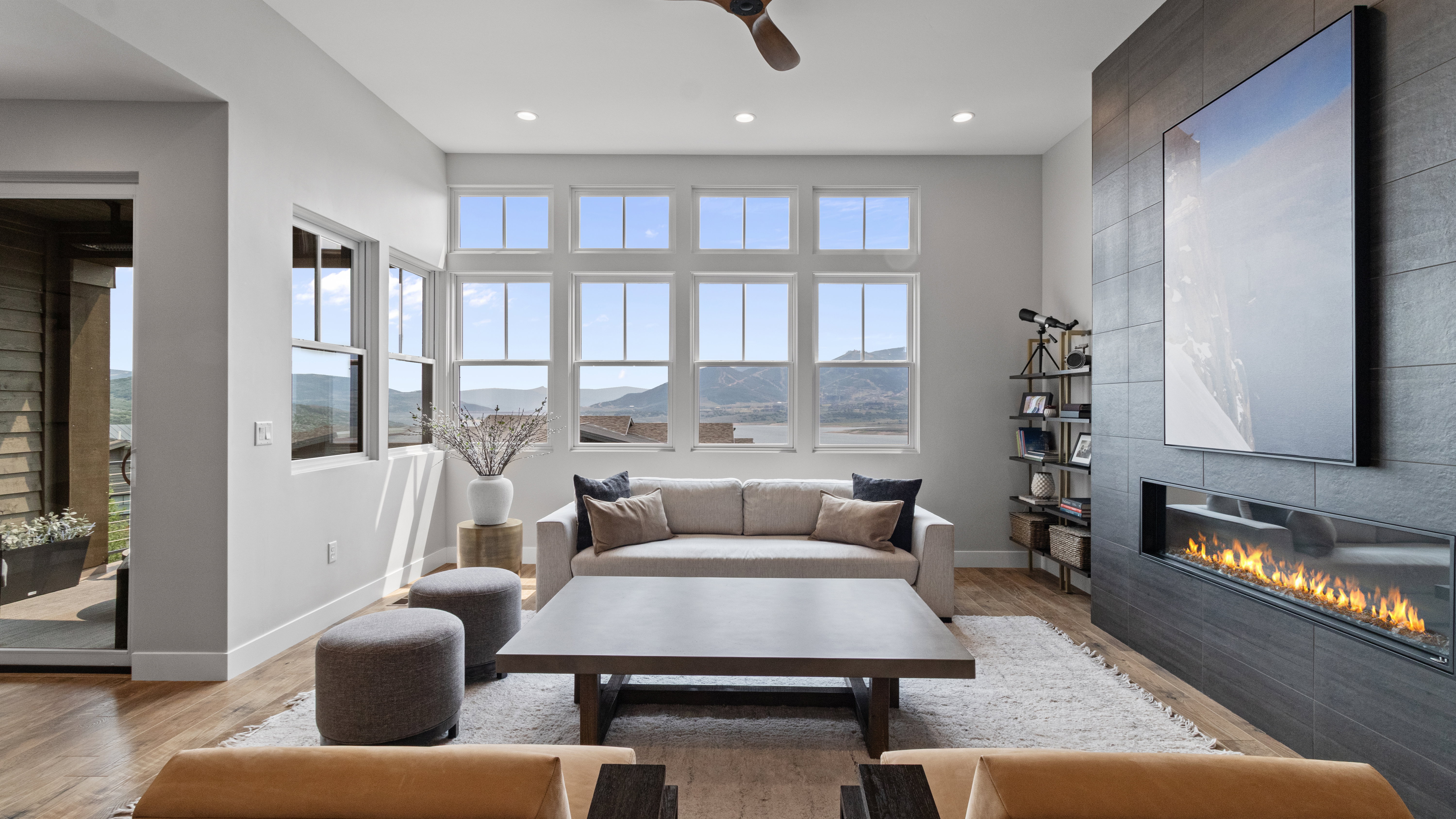 Living room with views towards MT. Timpanogas, Deer Valley, and the Jordanelle reservoir.
