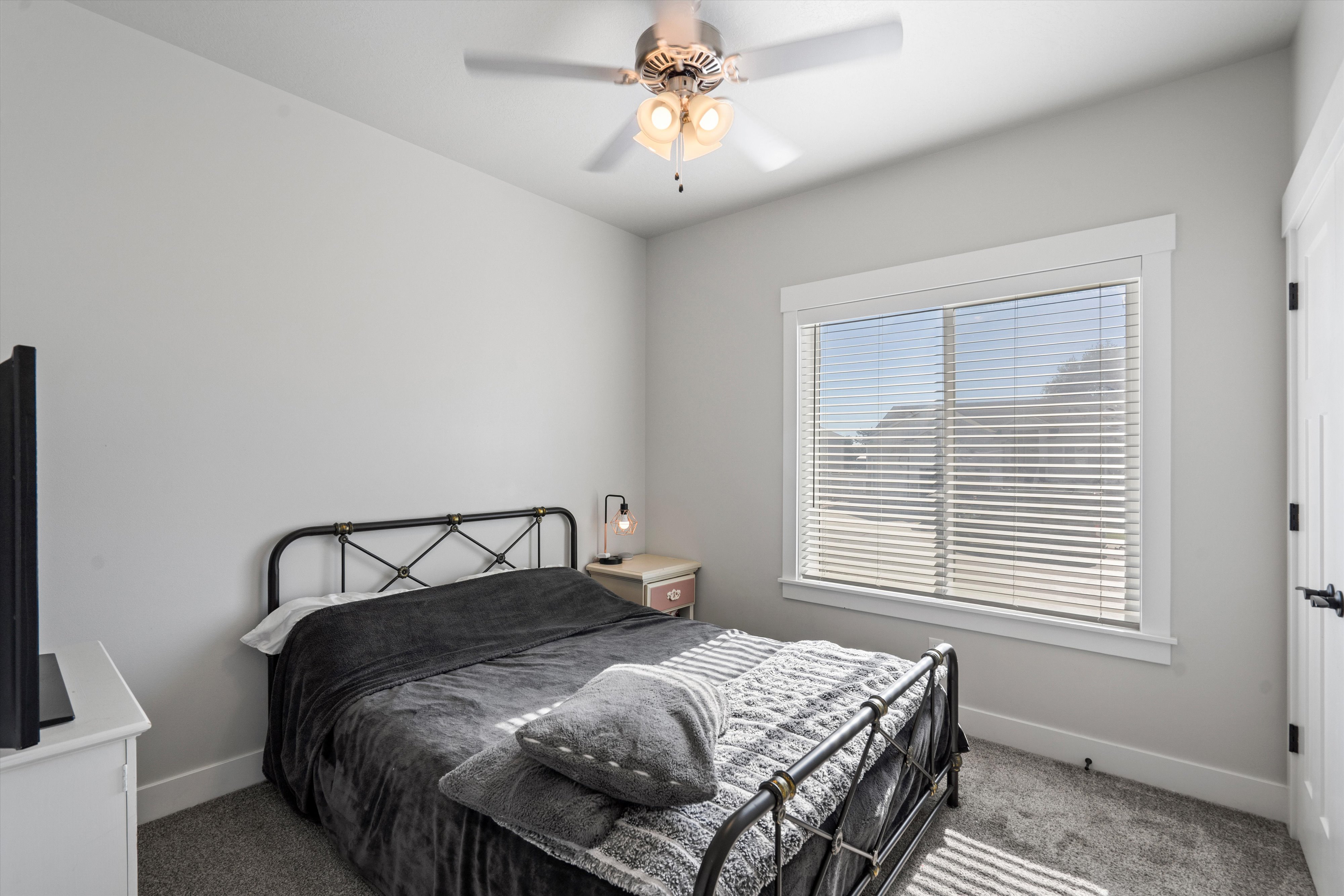 Bright room featuring light grey walls, a ceiling fan with integrated lighting, a large window with white blinds, and grey carpet flooring