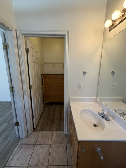 Full bathroom vanity featuring a light-toned countertop, an integrated sink, and a mirrored wall with a three-bulb vanity light