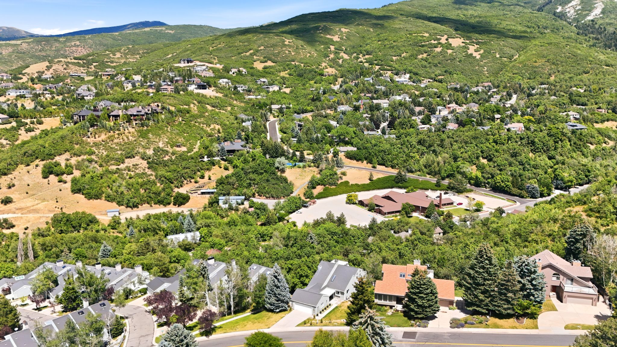 Expansive mountain landscape featuring residential properties nestled among abundant green foliage