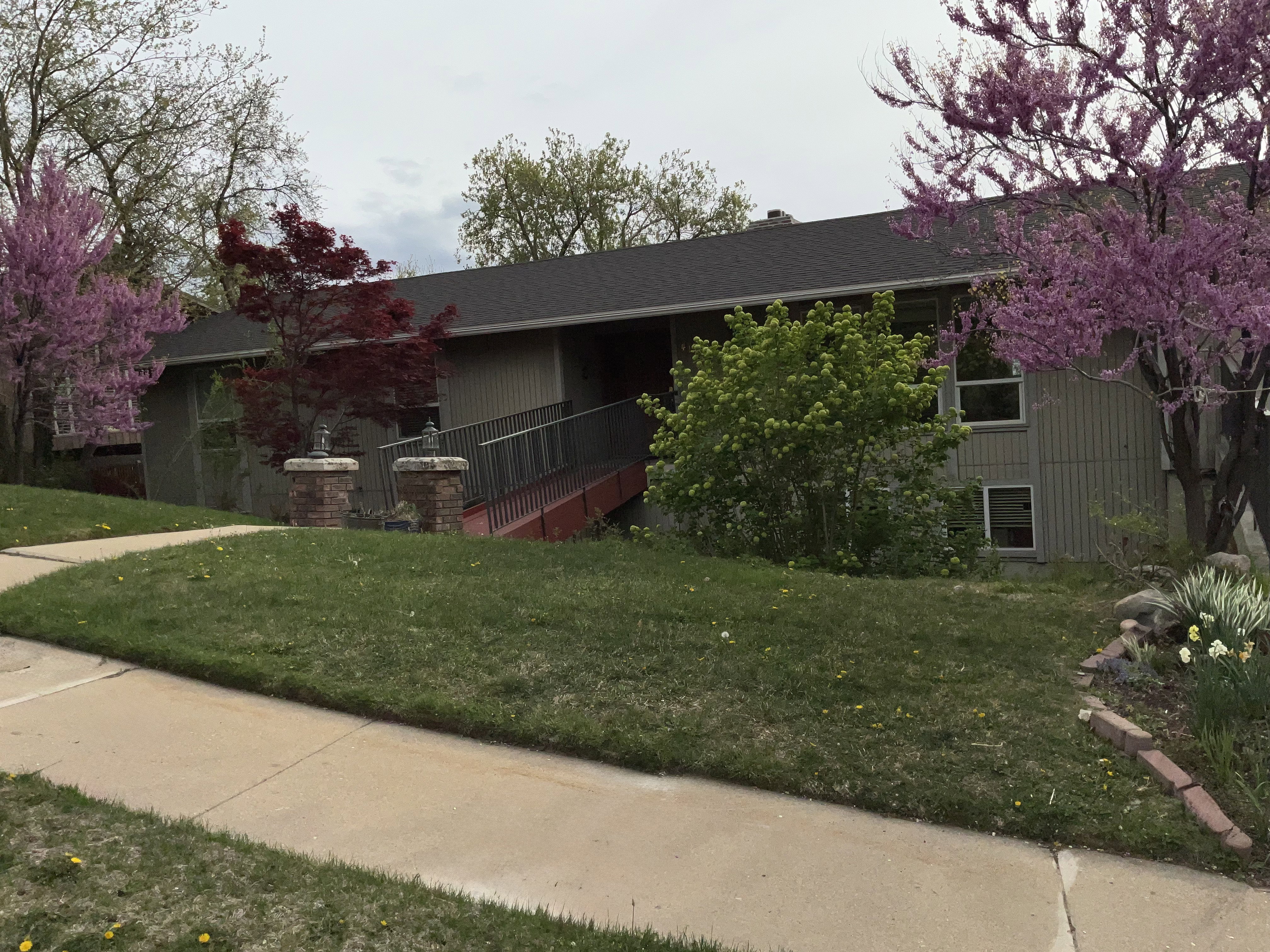 Rambler with three levels residence featuring gray vertical siding and a dark shingle roof