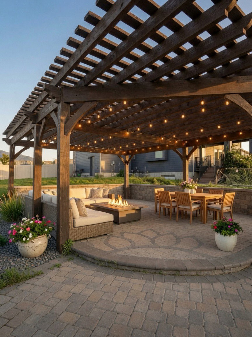 Expansive outdoor living area featuring a wooden pergola with integrated string lighting