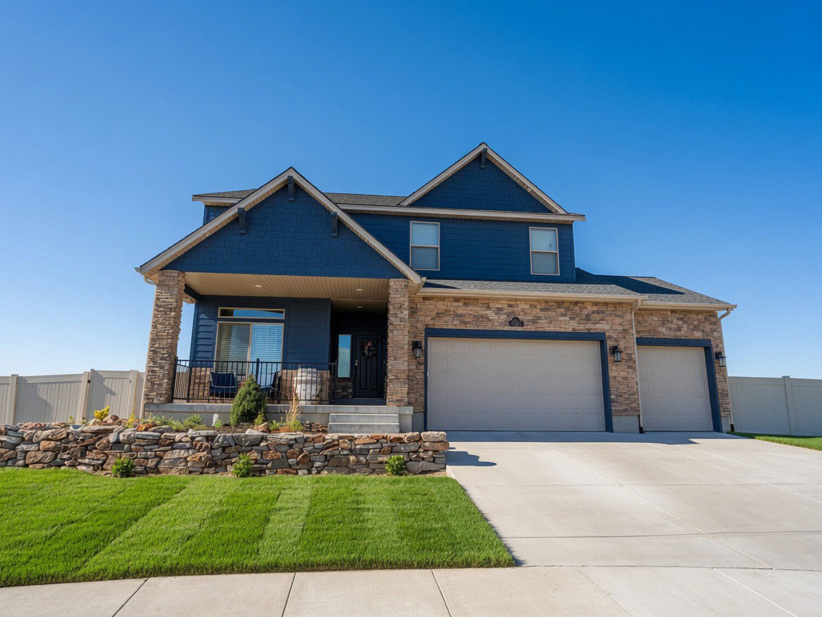 Two-story residence featuring a deep blue siding and stone veneer accents