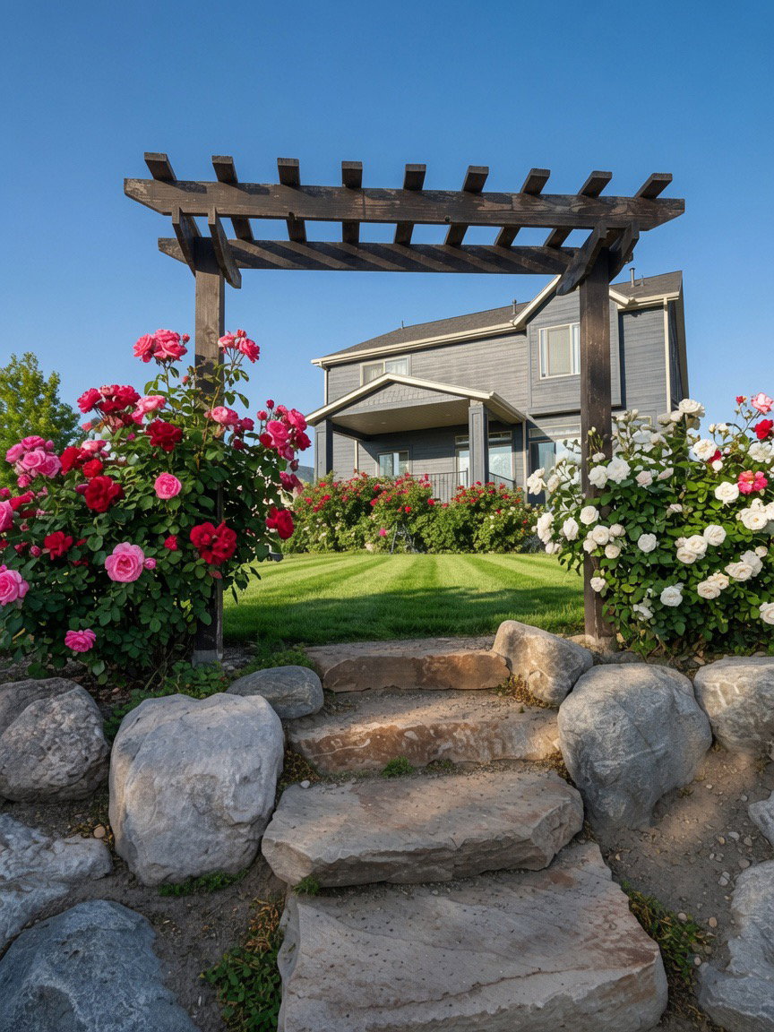 Arbor entry leading to a sloped, manicured lawn with mature rose bushes