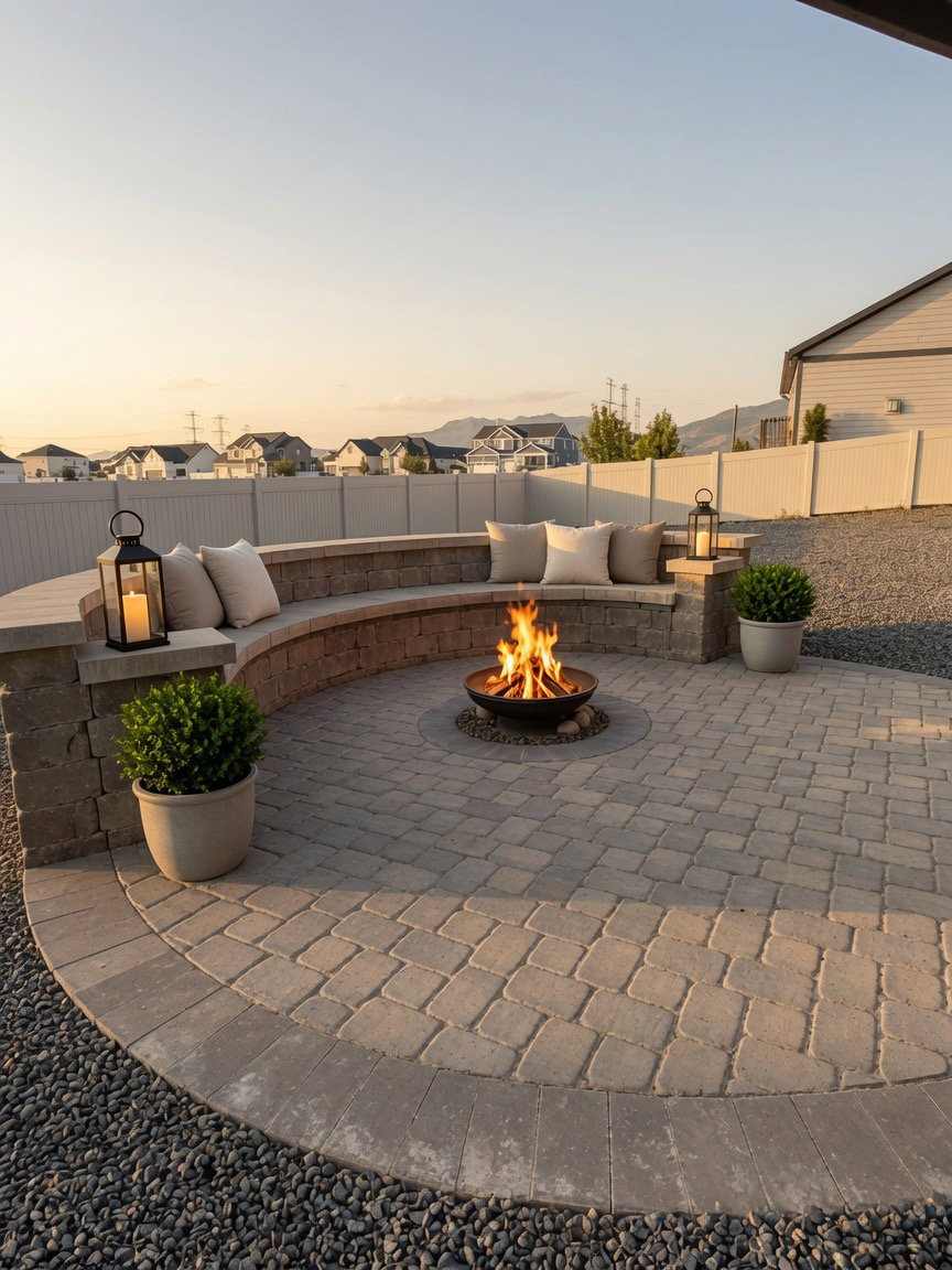 Paver patio featuring a built-in curved seating wall with stone accents