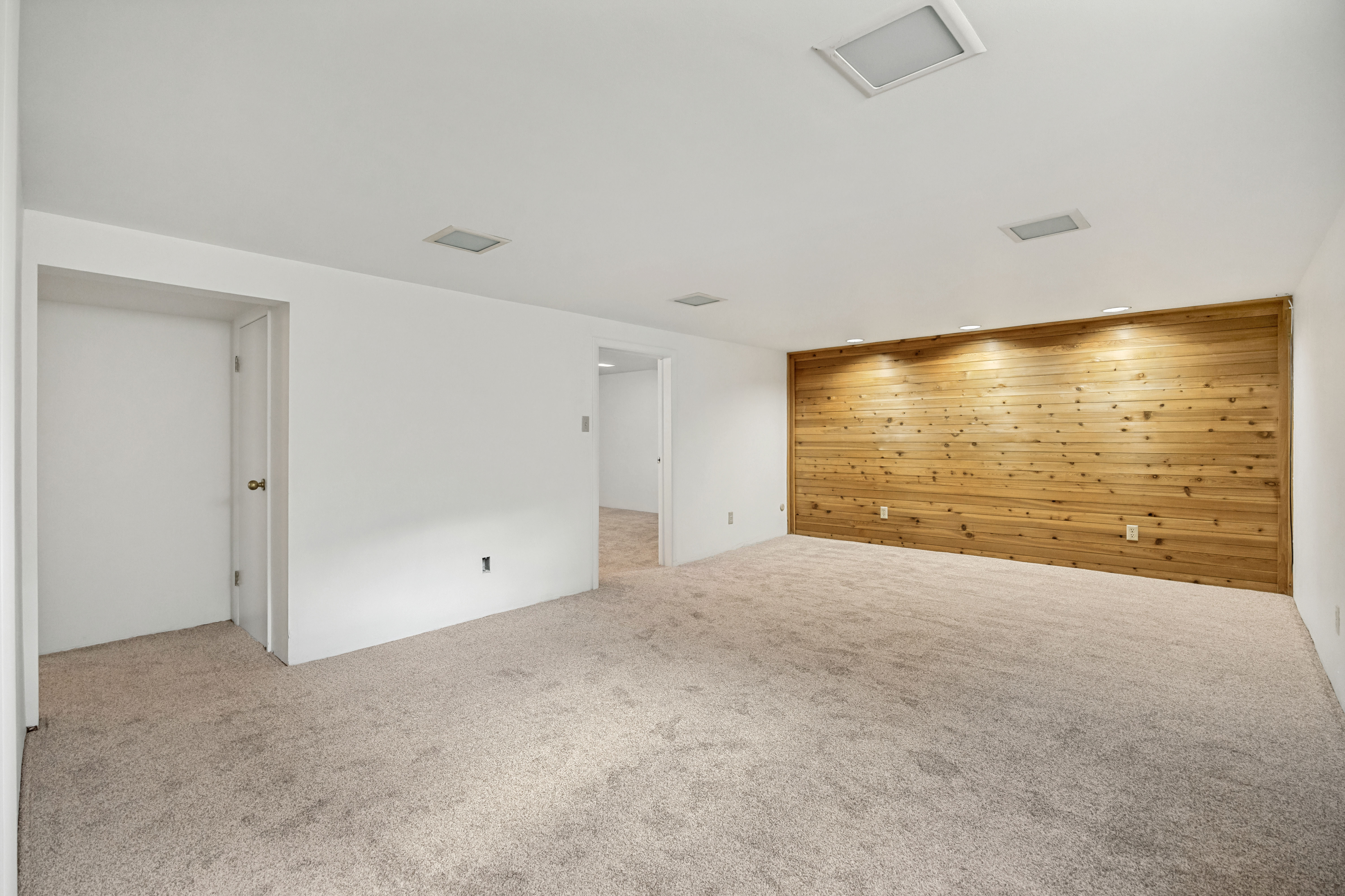 Spacious room featuring a wood-paneled accent wall with recessed lighting, light-colored carpeting, white painted walls, and ceiling-mounted light fixtures